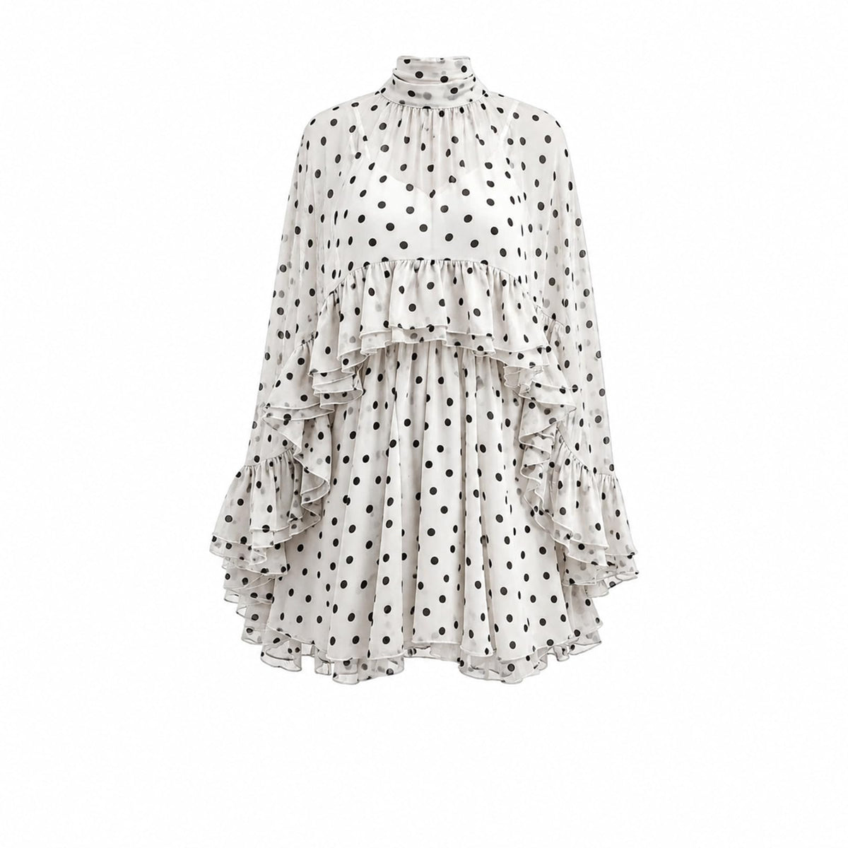 Women’s Semi Sheer Chiffon Ruffle Dress with Outer Cape, Poncho Sleeve Flowy Mini Dress, Loose Fit Elegant Summer Dress