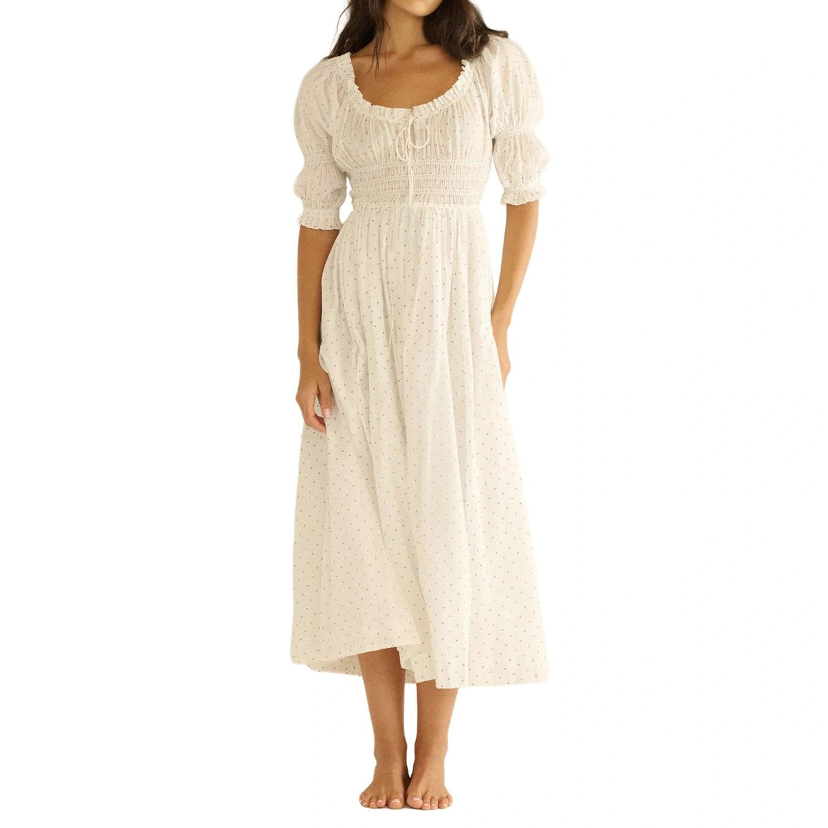 ABYOVRT Women Smocked Dresses Puff Sleeve Off Shoulder Flowy Midi Dress Baby Shower Summer Fall