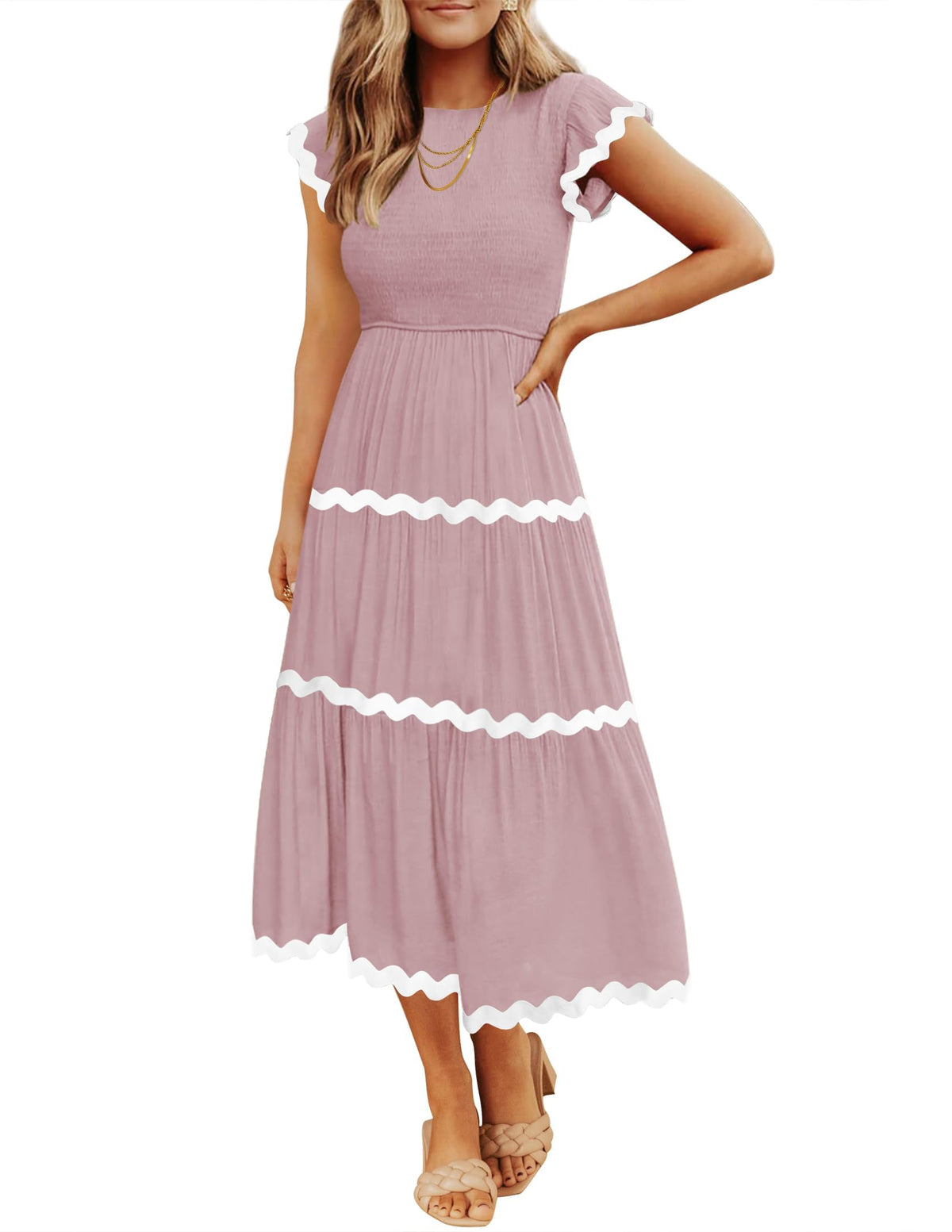 ZESICA Womens Summer Casual Smocked Flowy Midi Dress