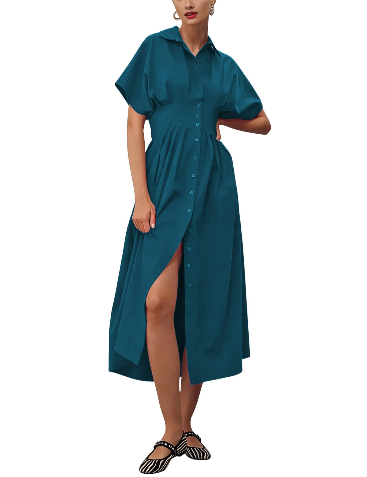 Yeokou Shirt Dress for Women Summer Casual Short Sleeve Button Down Loose Pleated Maxi Sundress with Pockets