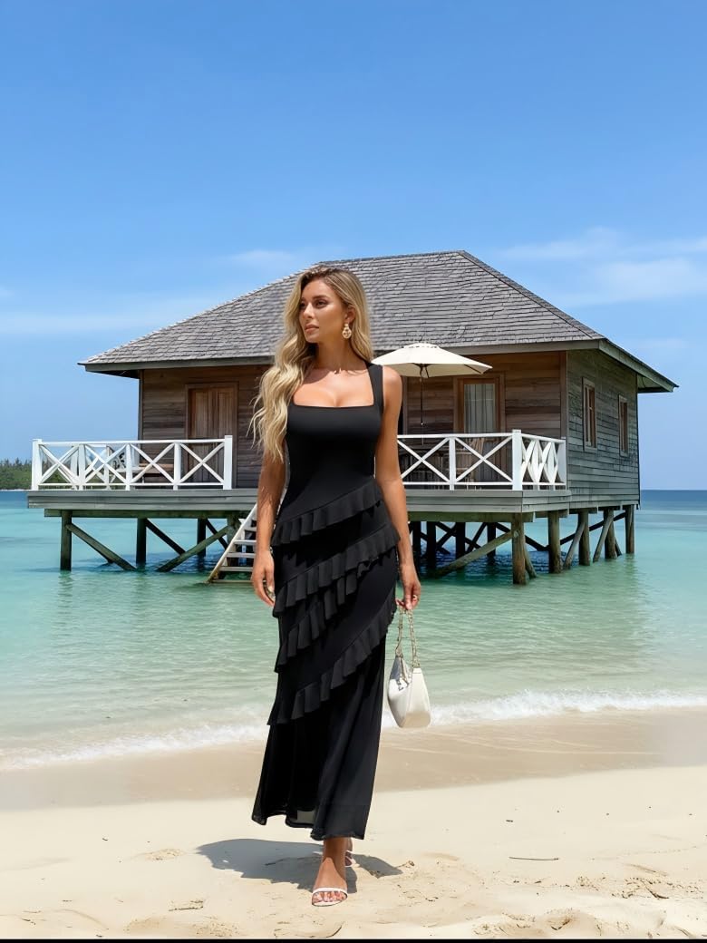 HOCILLE Women's Sexy Bodycon Sleeveless Mesh Ruffle Cocktail Maxi Dress