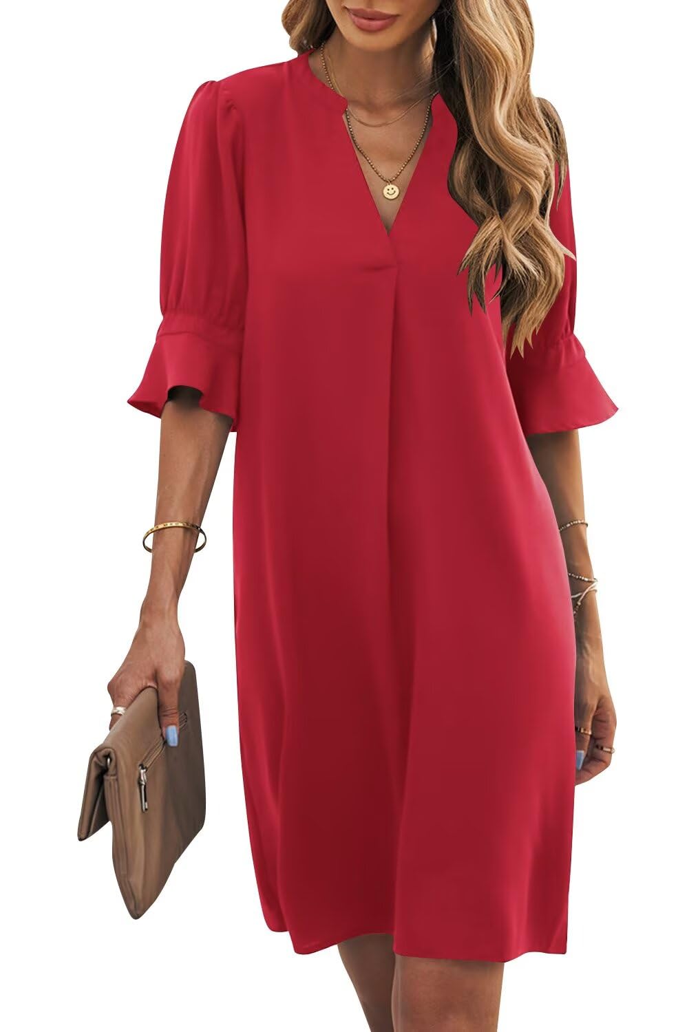 Wkior Womens Summer Ruffle Short Sleeve V Neck Shift Dress