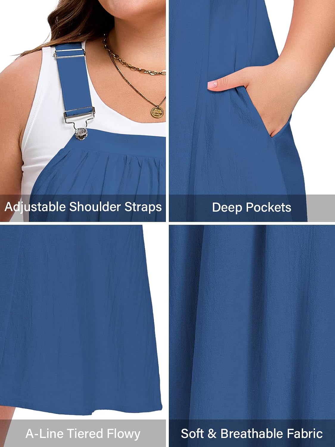 Moon Wood Plus Size Cotton Overall Dress for Women Casual Maxi Dress Adjustable Strap Jumper Dress with Pockets