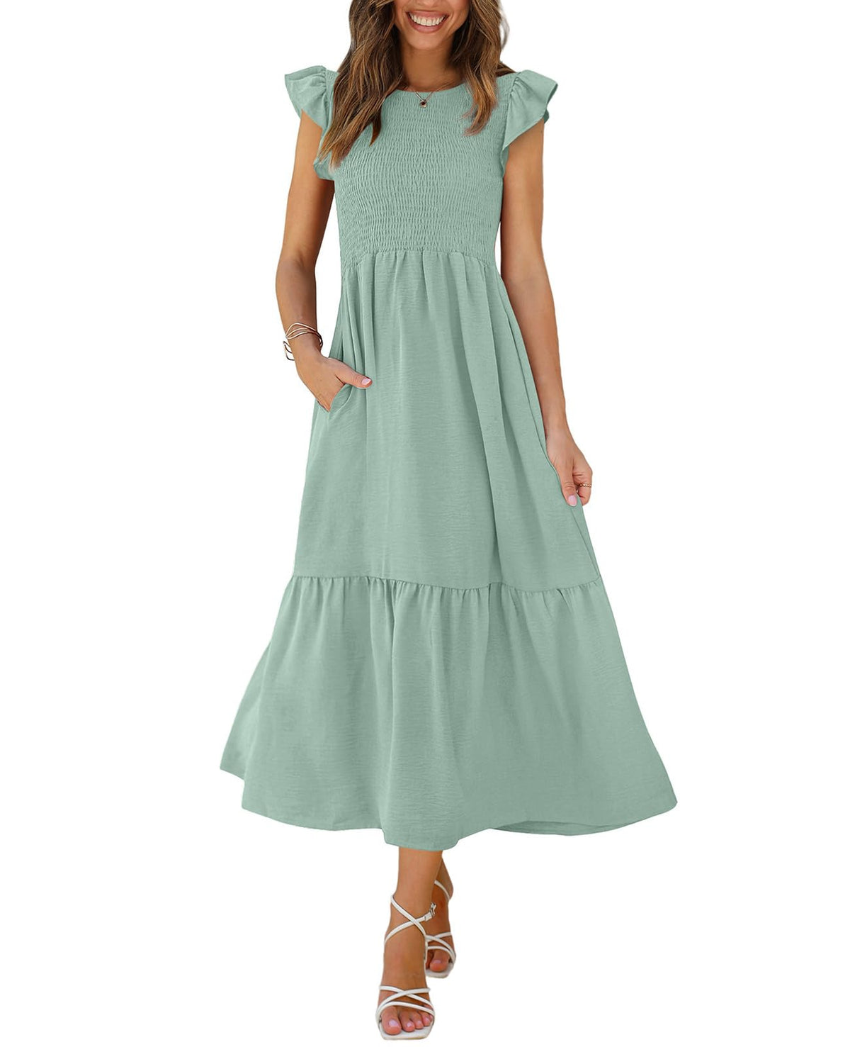 OFEEFAN Women's Casual Maxi Dresses with Pockets Ruffle Sleeve Smocked Dress XS-2XL