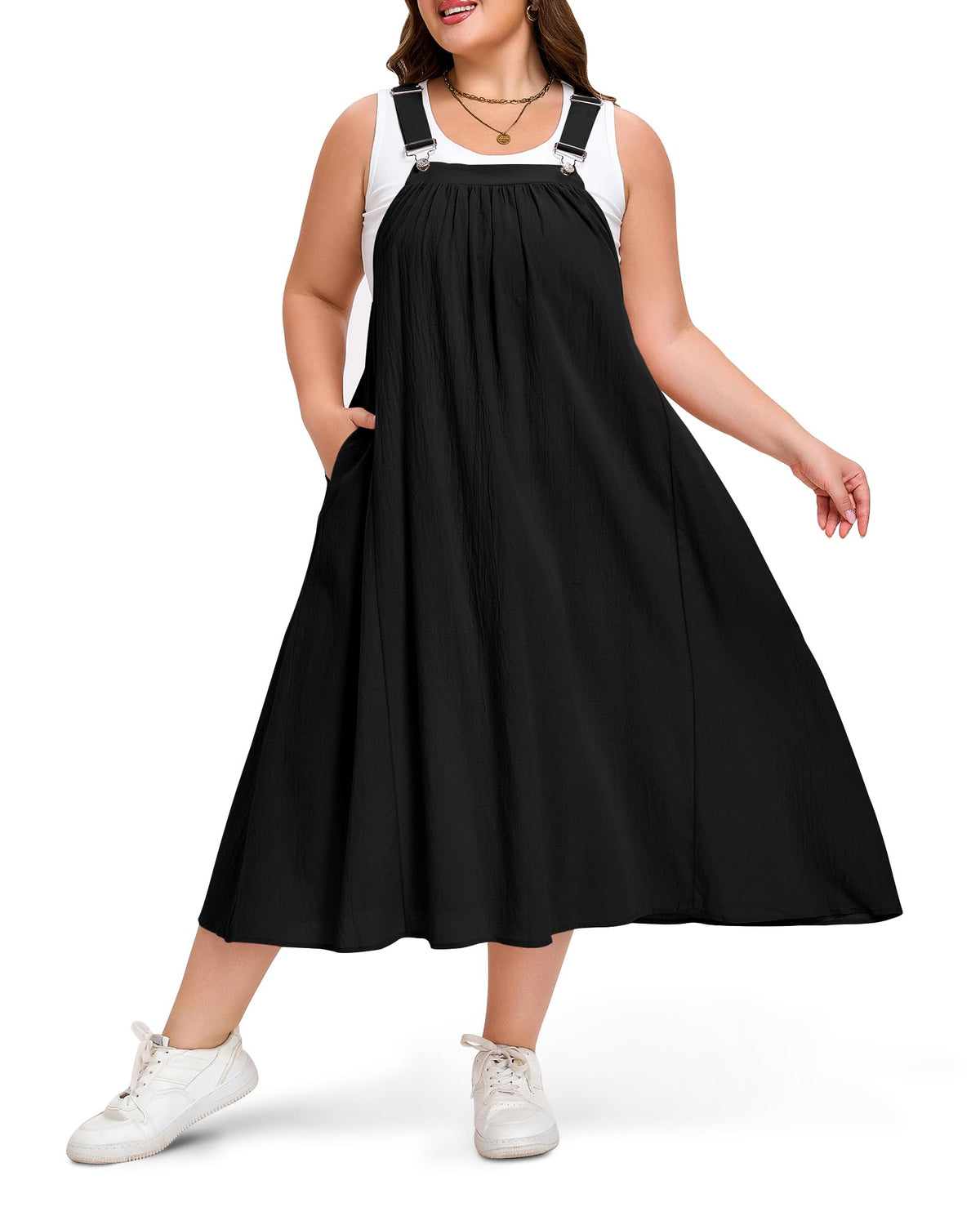 Moon Wood Plus Size Cotton Overall Dress for Women Casual Maxi Dress Adjustable Strap Jumper Dress with Pockets