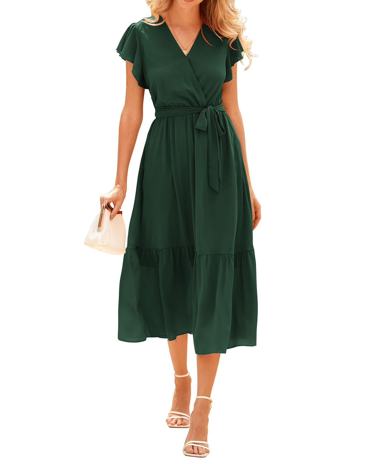 BTFBM Women Summer Casual Wrap V Neck Ruffle Cap Sleeve Belted Midi Dress