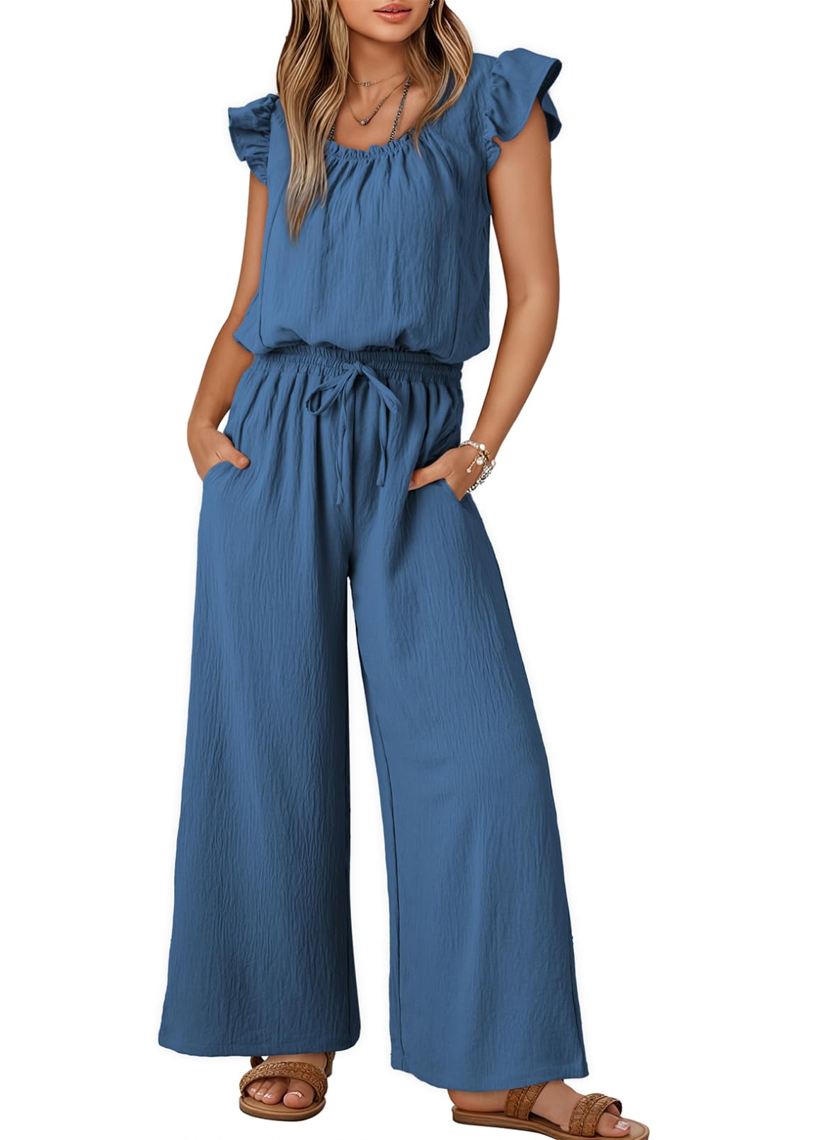 Dokotoo Jumpsuits for Women 2026 Summer Ruffle Sleeves Square Neck Rompers Drawstring Overalls with Pockets