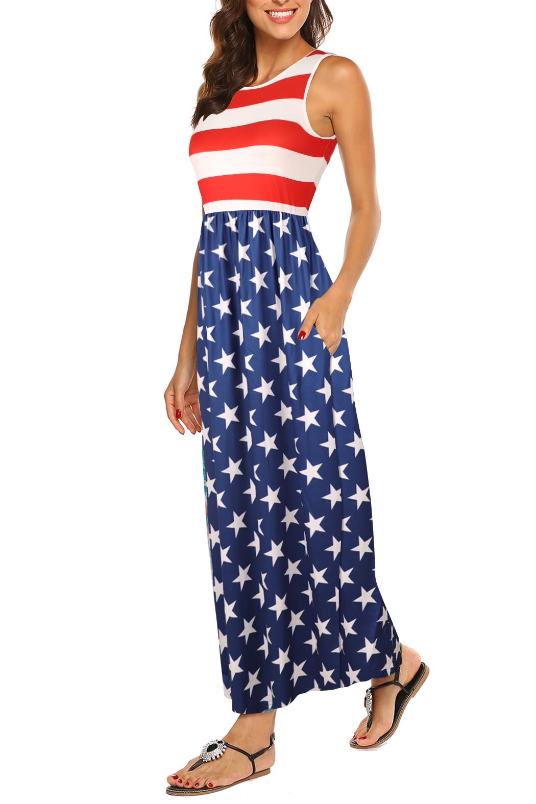 Hount Women's Summer Sleeveless Striped Flowy Casual Long Maxi Dress with Pockets