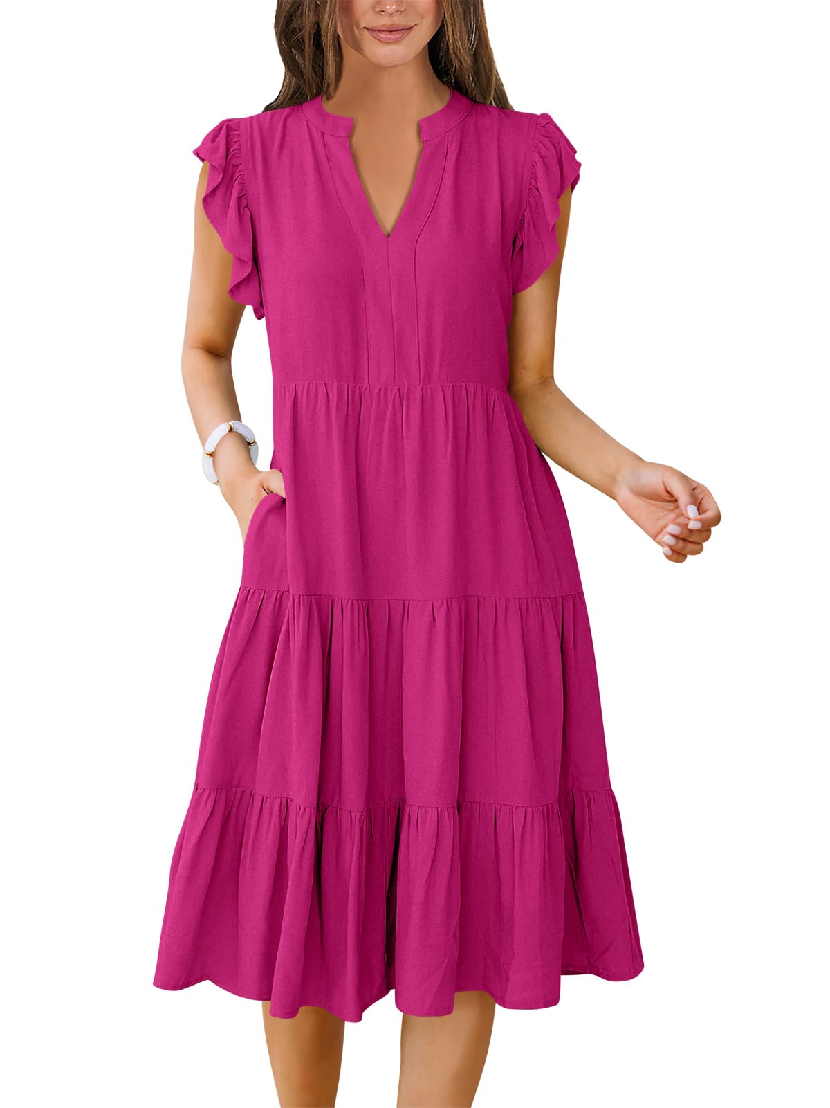 ANRABESS Womens Summer Dress Ruffle Sleeve V Neck Midi Dresses