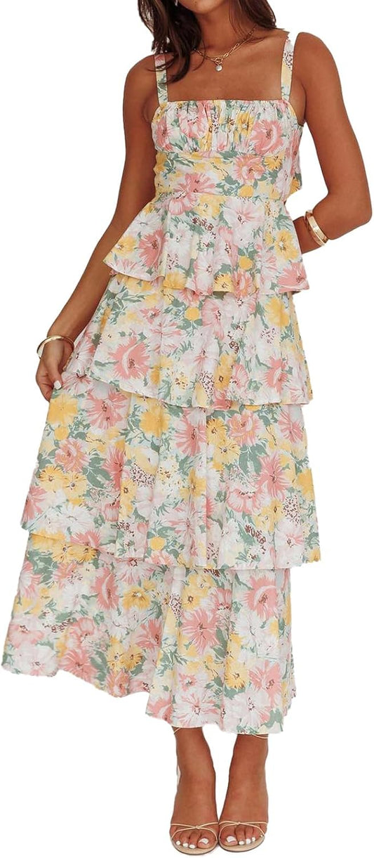ABYOVRT Women Floral Maxi Dress Sleeveless Bow Back Tiered Boho Flowy Long Dresses Summer Fall