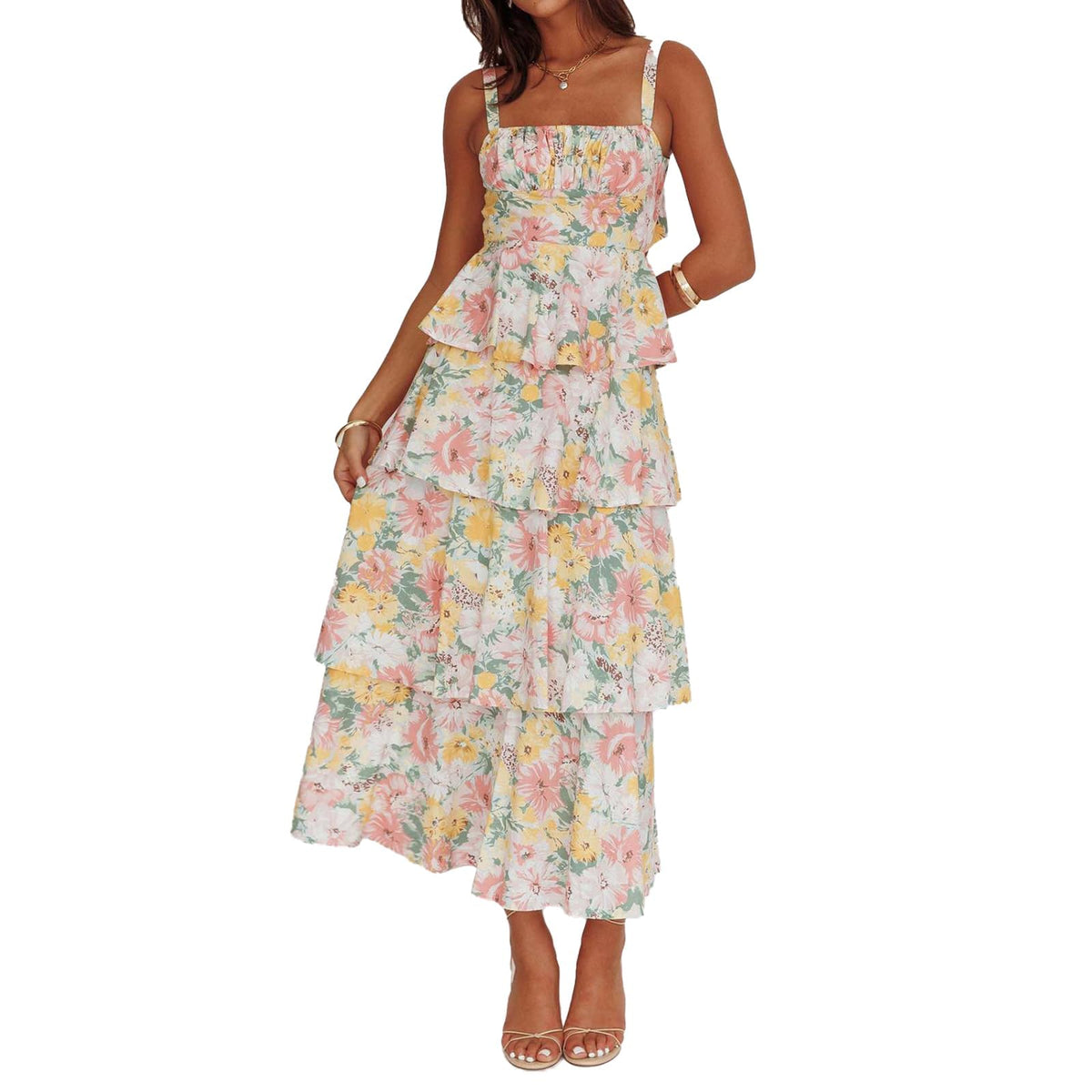 ABYOVRT Women Floral Maxi Dress Sleeveless Bow Back Tiered Boho Flowy Long Dresses Summer Fall