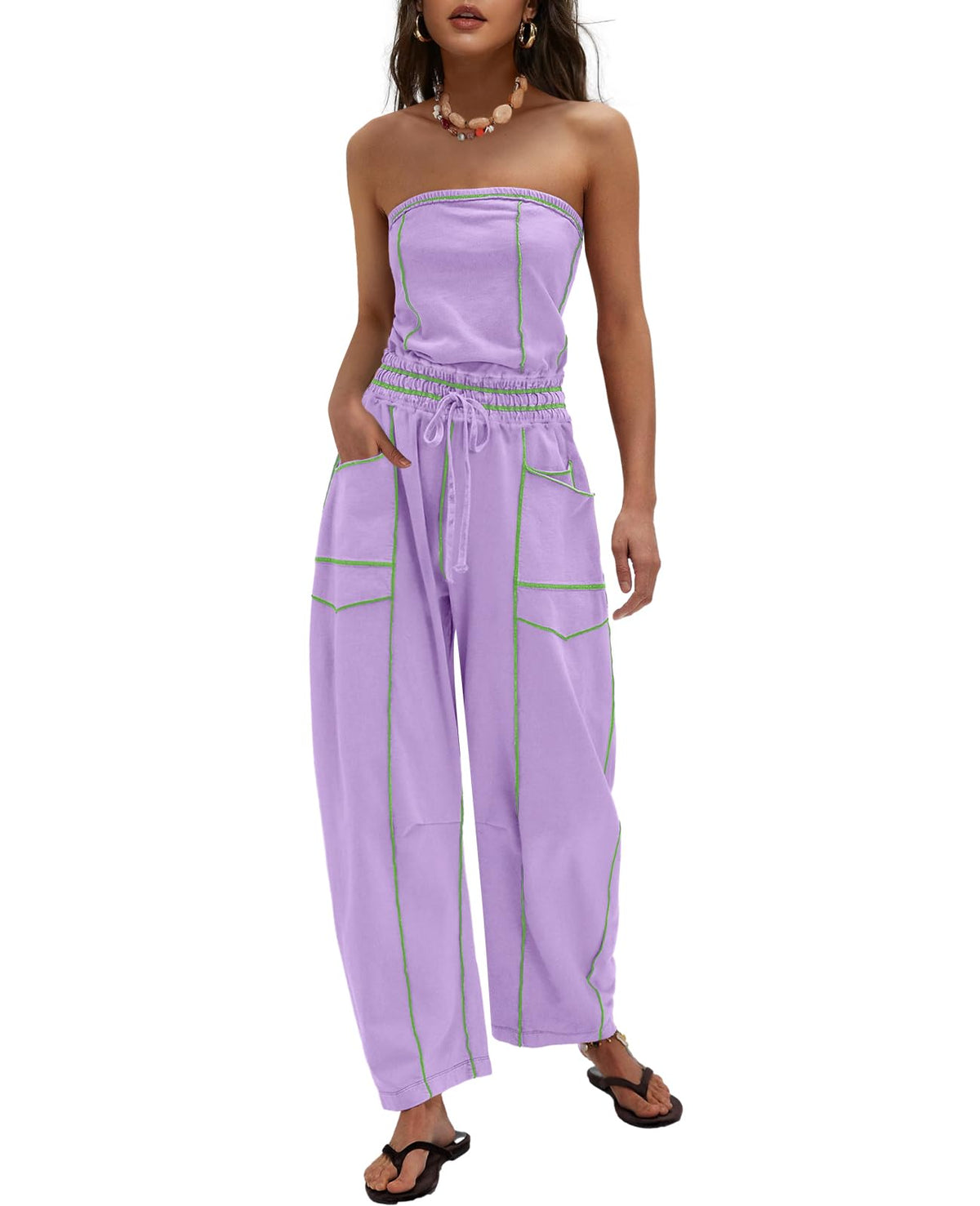 LAMISSCHE Womens Casual Strapless Jumpsuits off the Shoulder Summer Rompers Sleeveless One Piece Outfits with Pockets