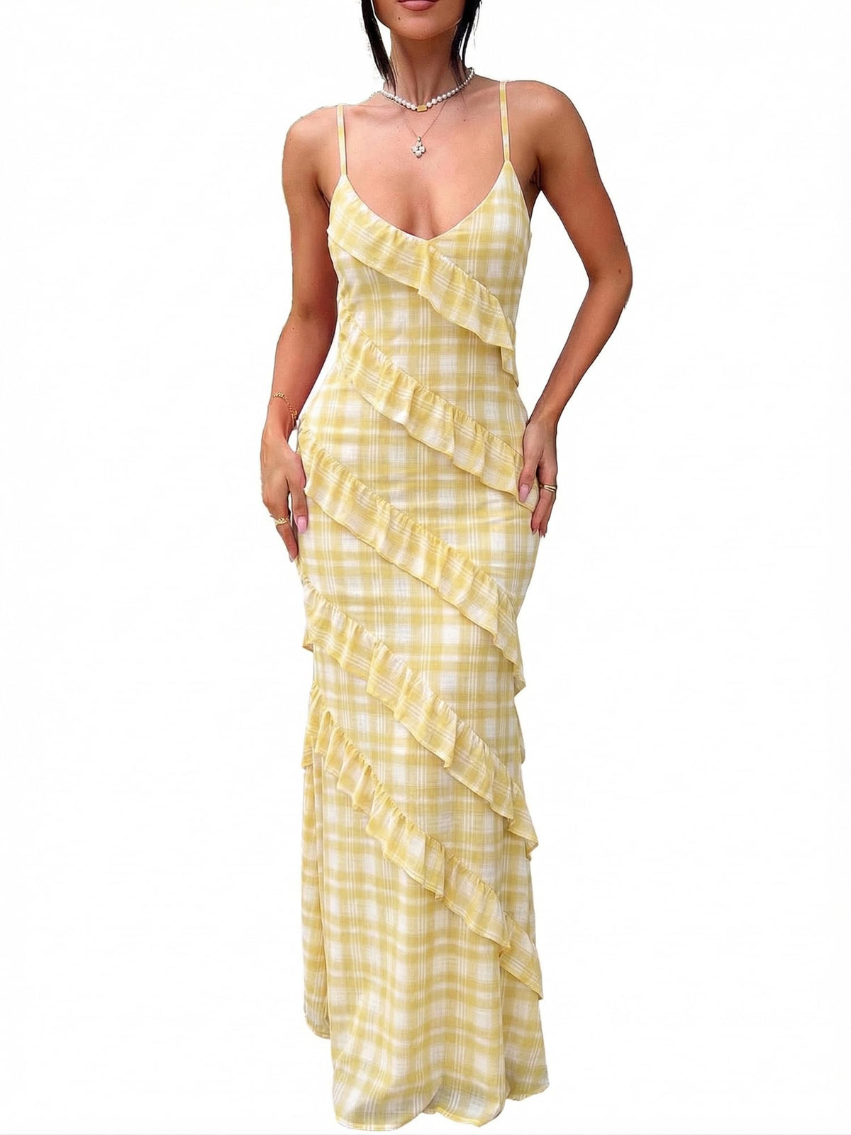 HOCILLE Women's Sexy V Neck Mesh Bodycon Wedding Guest Cocktail Maxi Dress