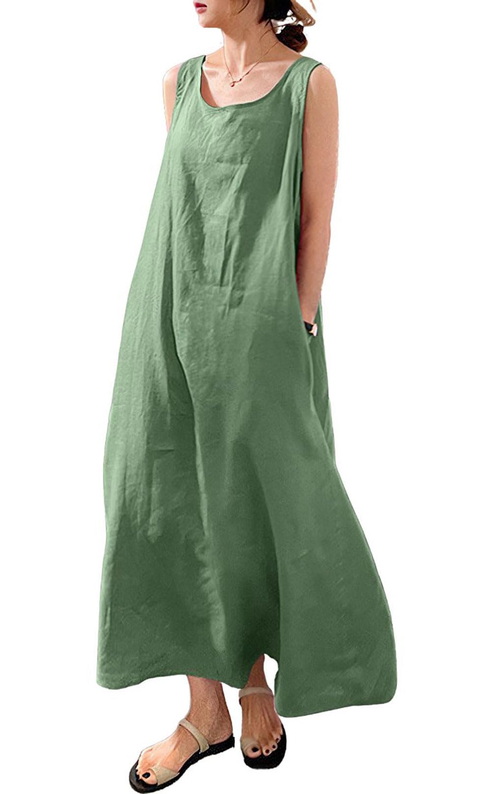 chouyatou Women's Summer Casual Sleeveless Cotton Sun Dress Maxi Tunic Tank Beach Dress with Pocket