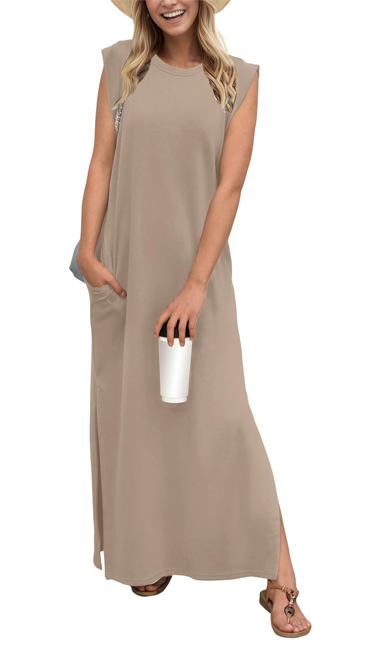 GRECERELLE 2026 Women Year-Round Casual Round Neck Loose Split Wrinkle-Free Long Maxi Vacation Dress with Pockets (XXS-4XL)