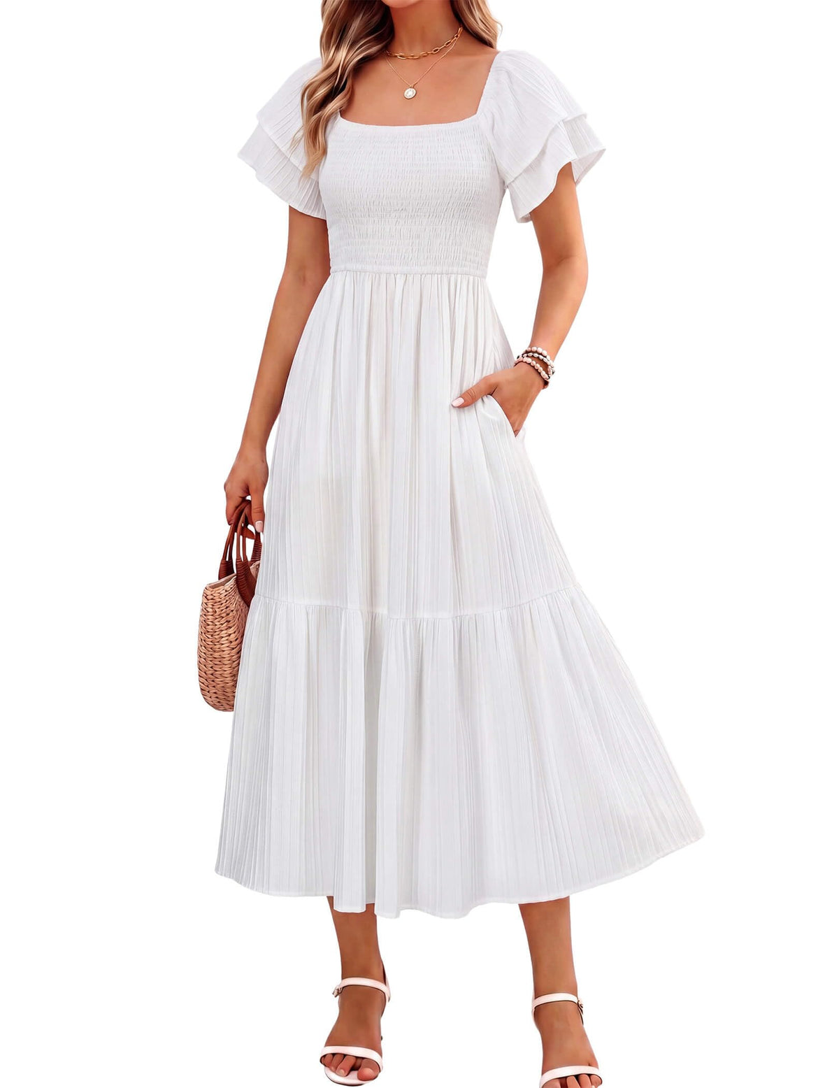 Women's Summer Midi Dress Short Sleeve Square Neck Off Shoulder Ruffle Elastic High Waist Vacation Dress with Pockets