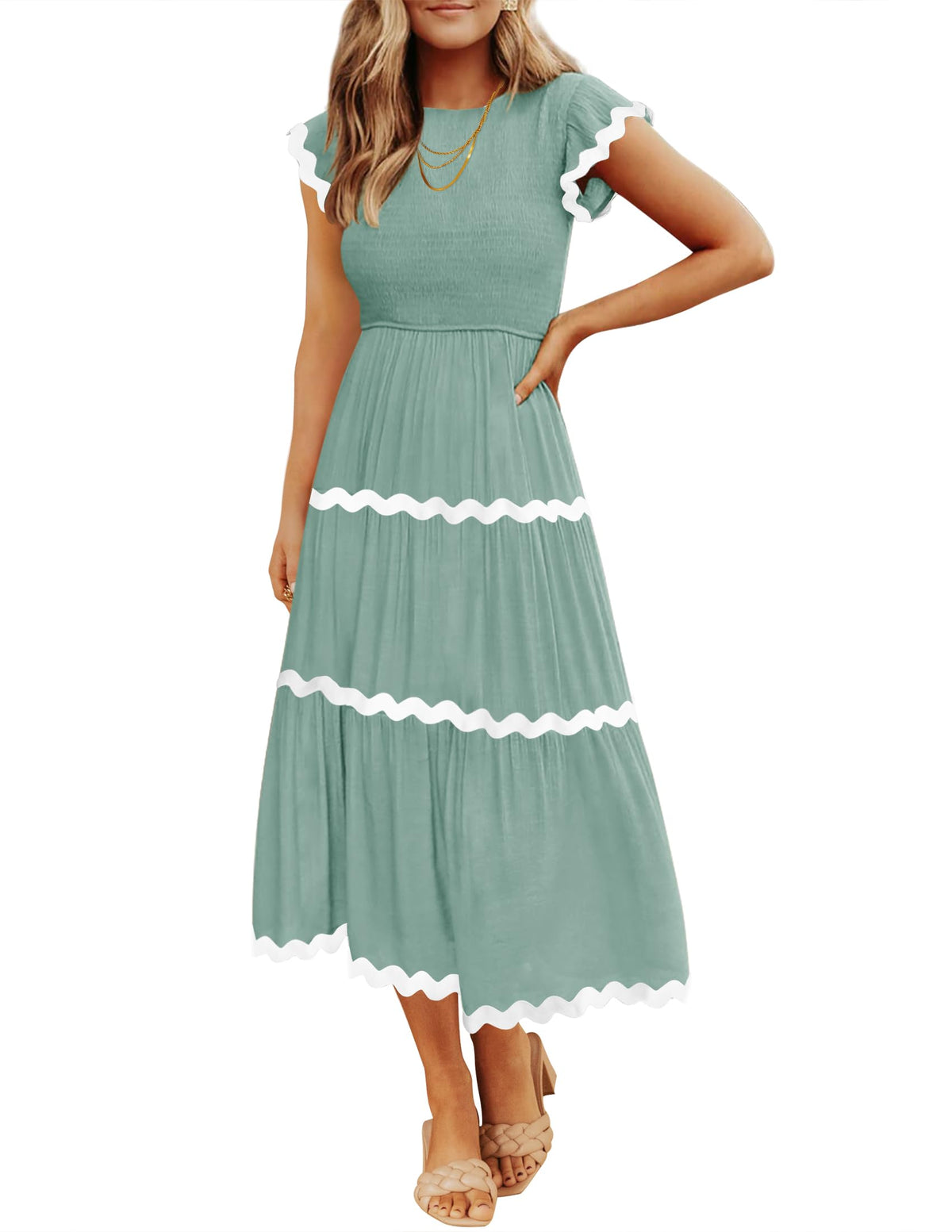 ZESICA Womens Summer Casual Smocked Flowy Midi Dress