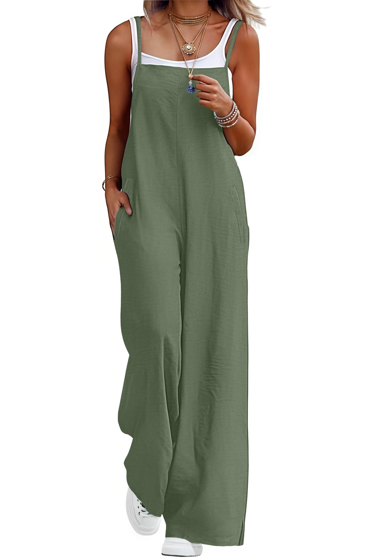 Lepunuo Womens Casual Loose Jumpsuits Summer Boho Wide Leg Rompers Sleeveless Overalls with Pockets