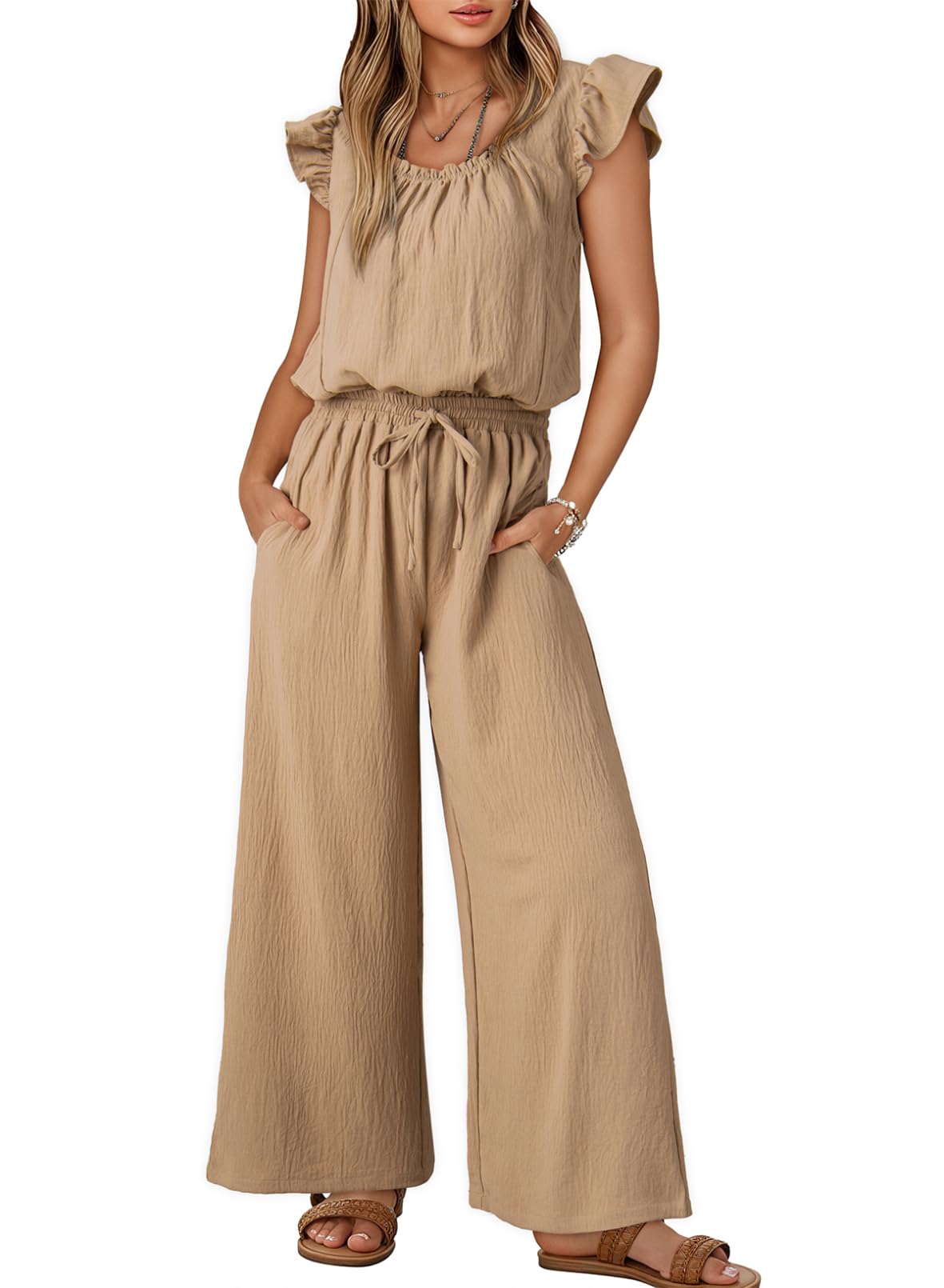 Dokotoo Jumpsuits for Women 2026 Summer Ruffle Sleeves Square Neck Rompers Drawstring Overalls with Pockets