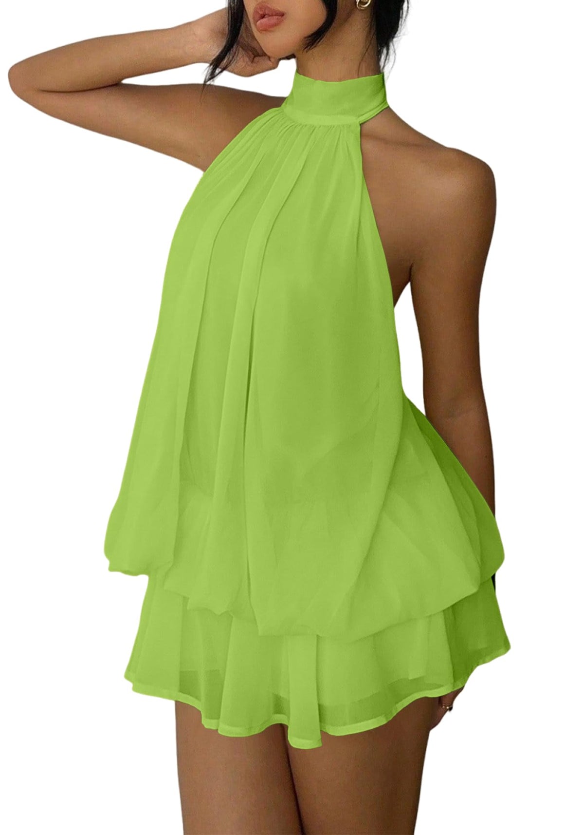 Women's Chiffon Halter Drop Waist Mini Dress Wedding Guest Dresses Ruffle Formal Holiday Club Brunch Outfits