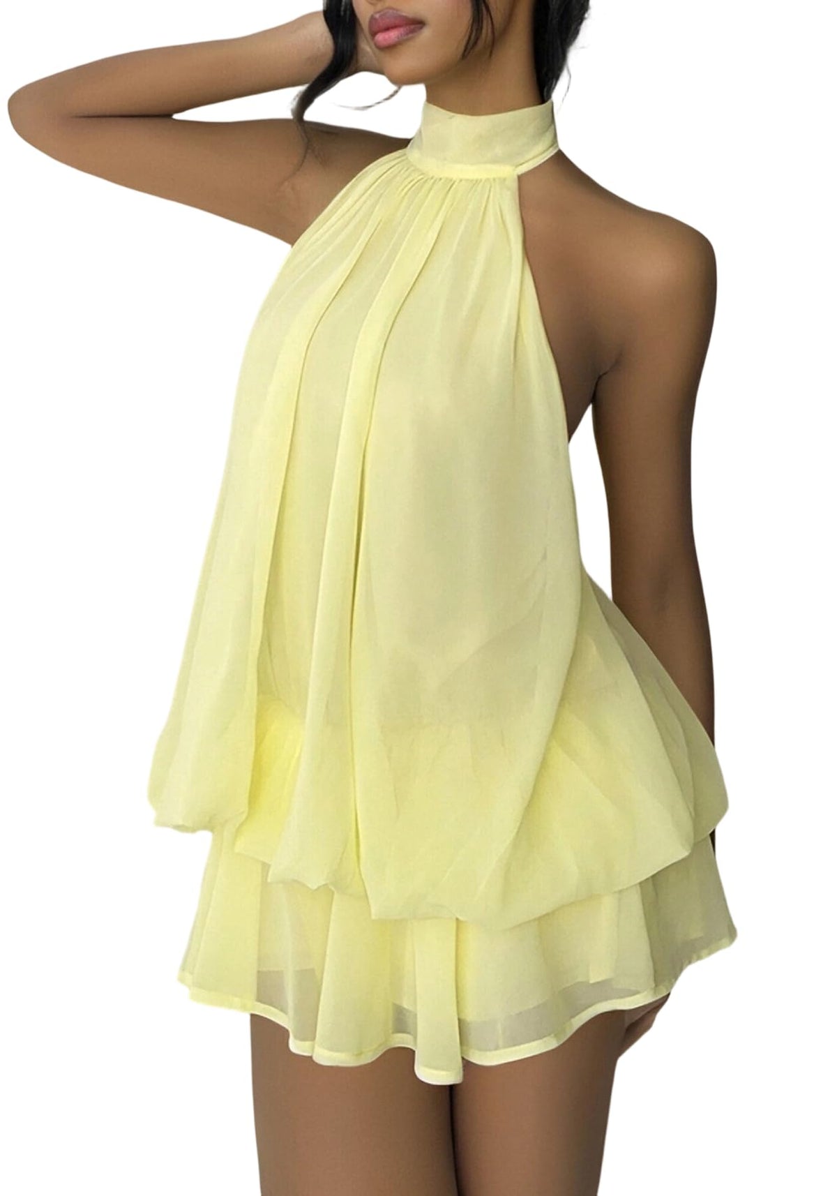 SHINFY Women's Chiffon Halter Flowy Ruffle Backless Birthday Mini Dress