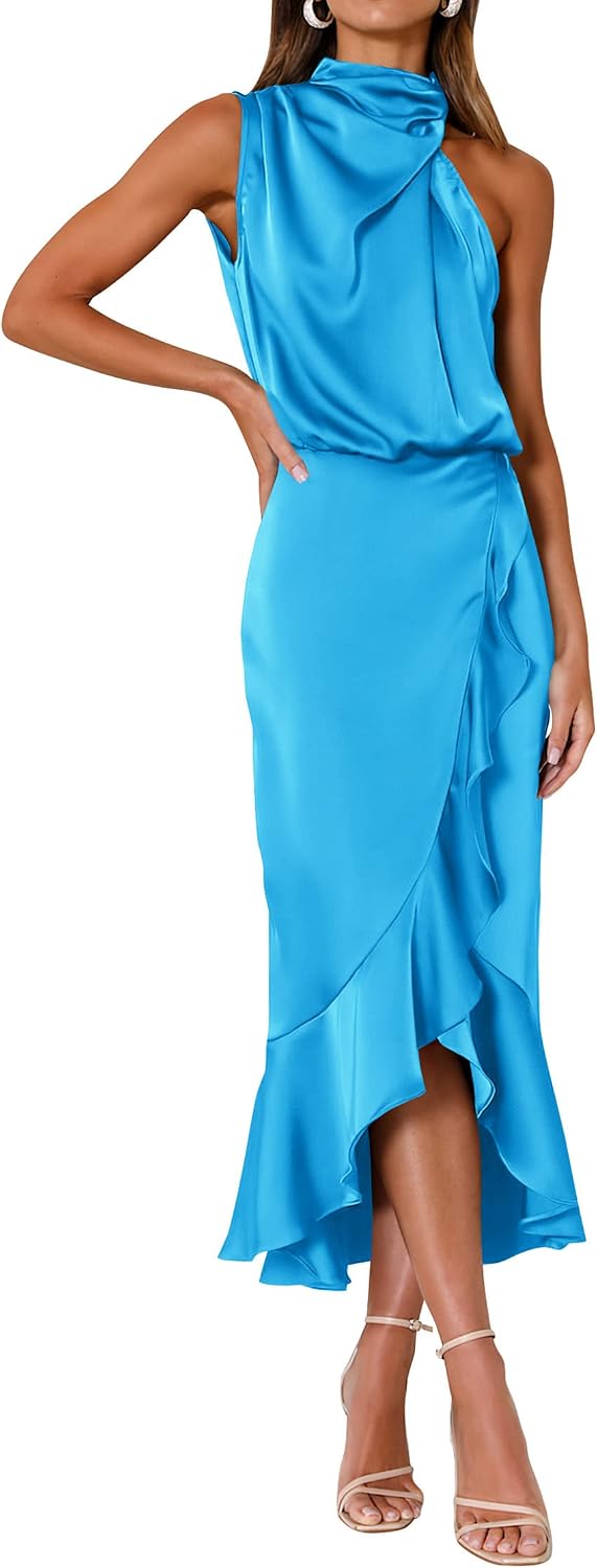 KIRUNDO Women's Summer Satin Mock Neck Wedding Guest Dress