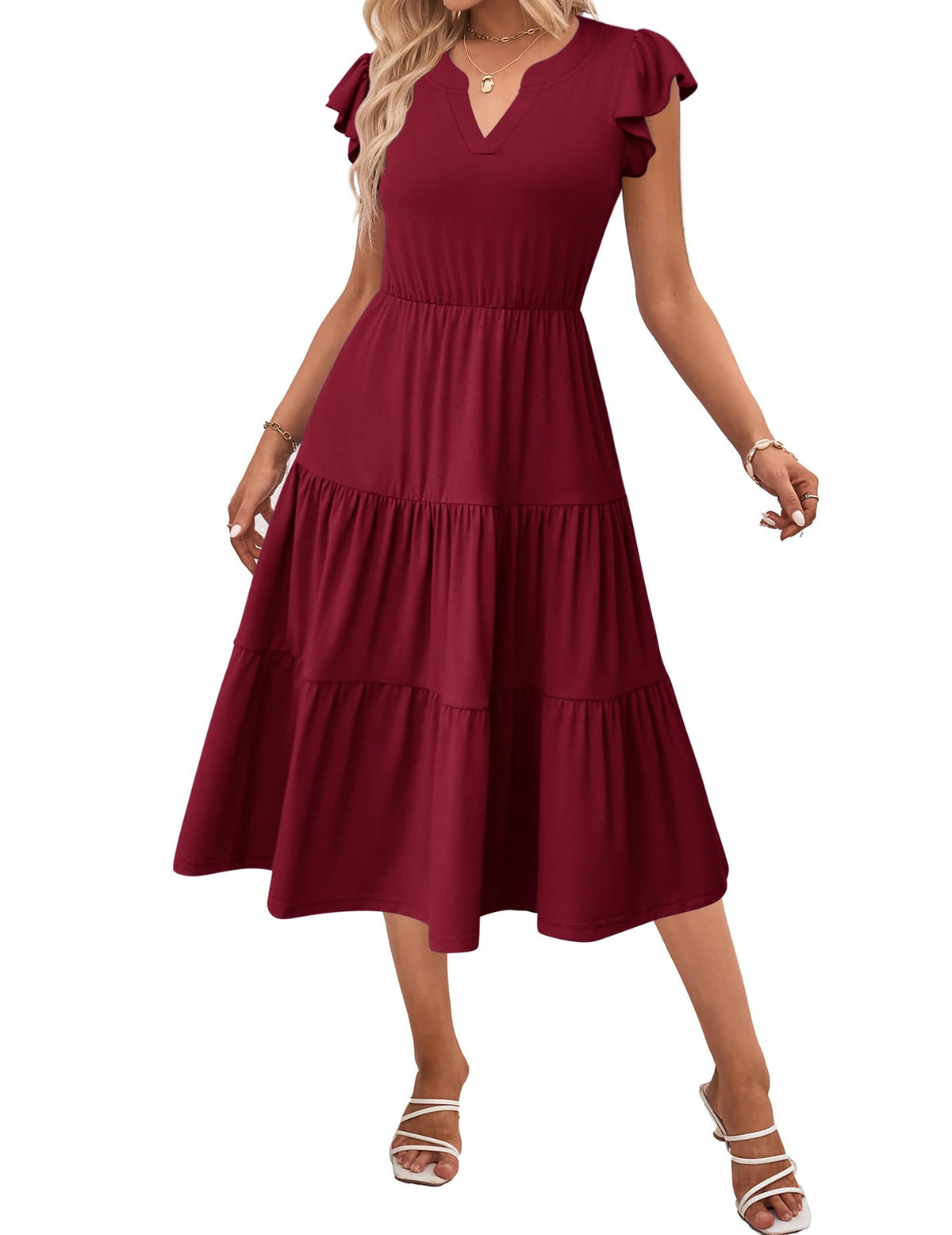 ZEAGOO Womens Summer Casual Dresses Ruffle Sleeve V Neck Midi Dress Flowy Tiered Dress with Pockets Boho Sundresses