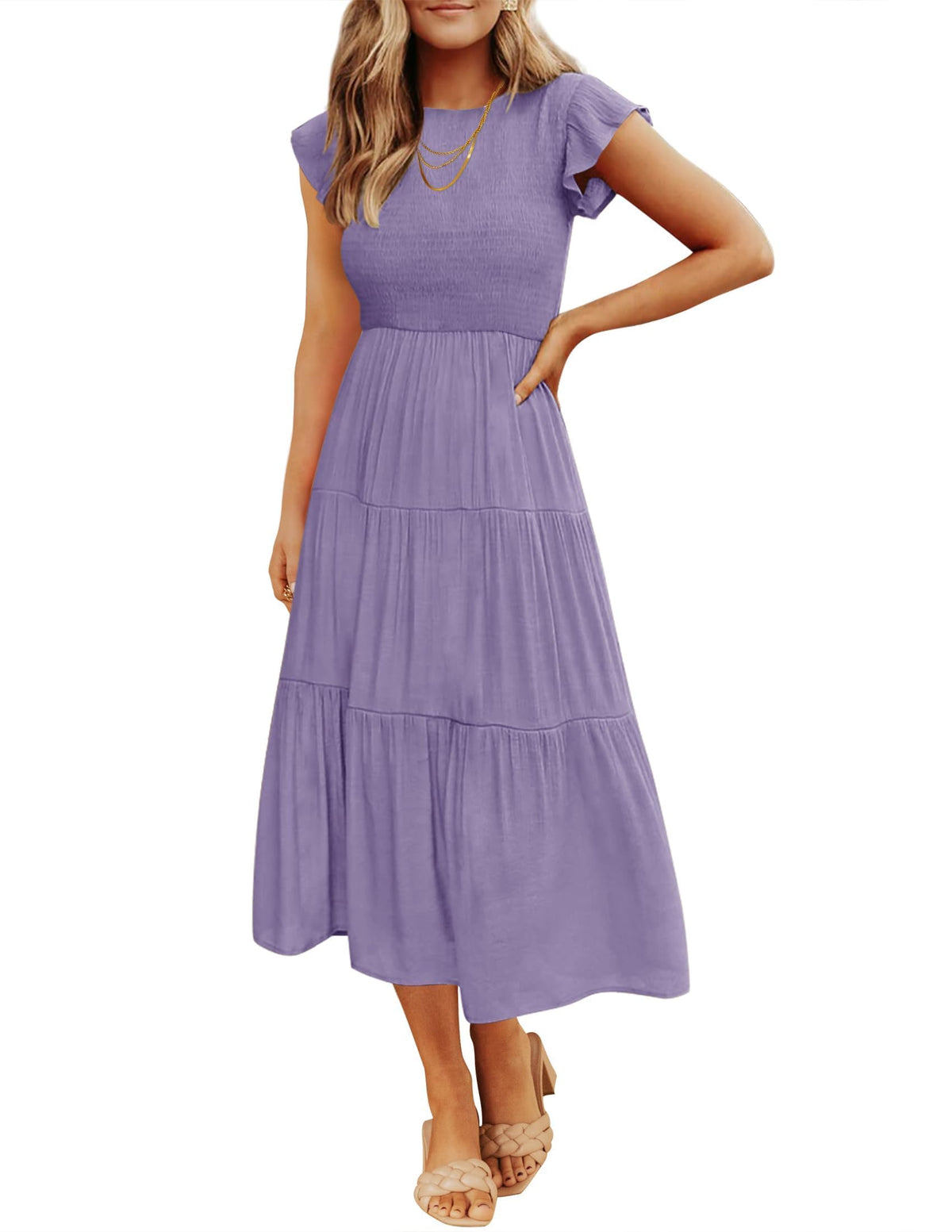 ZESICA Women's 2026 Summer Casual Flutter Short Sleeve Smocked Midi Dress