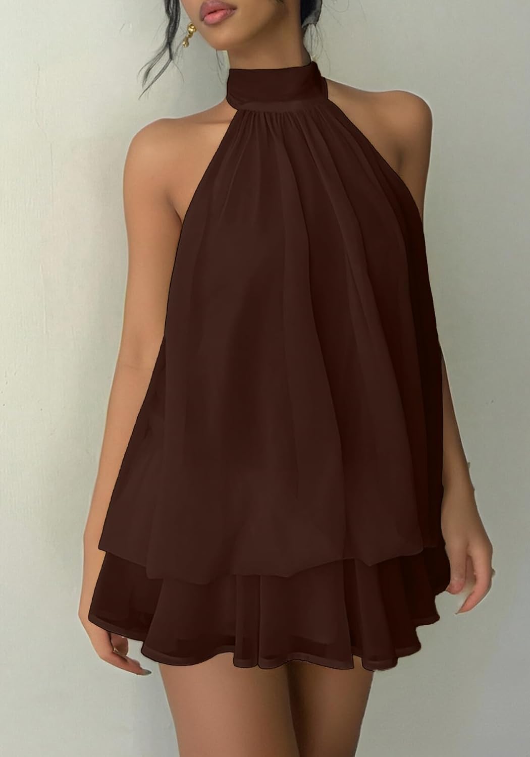 SHINFY Women's Chiffon Halter Flowy Ruffle Backless Birthday Mini Dress