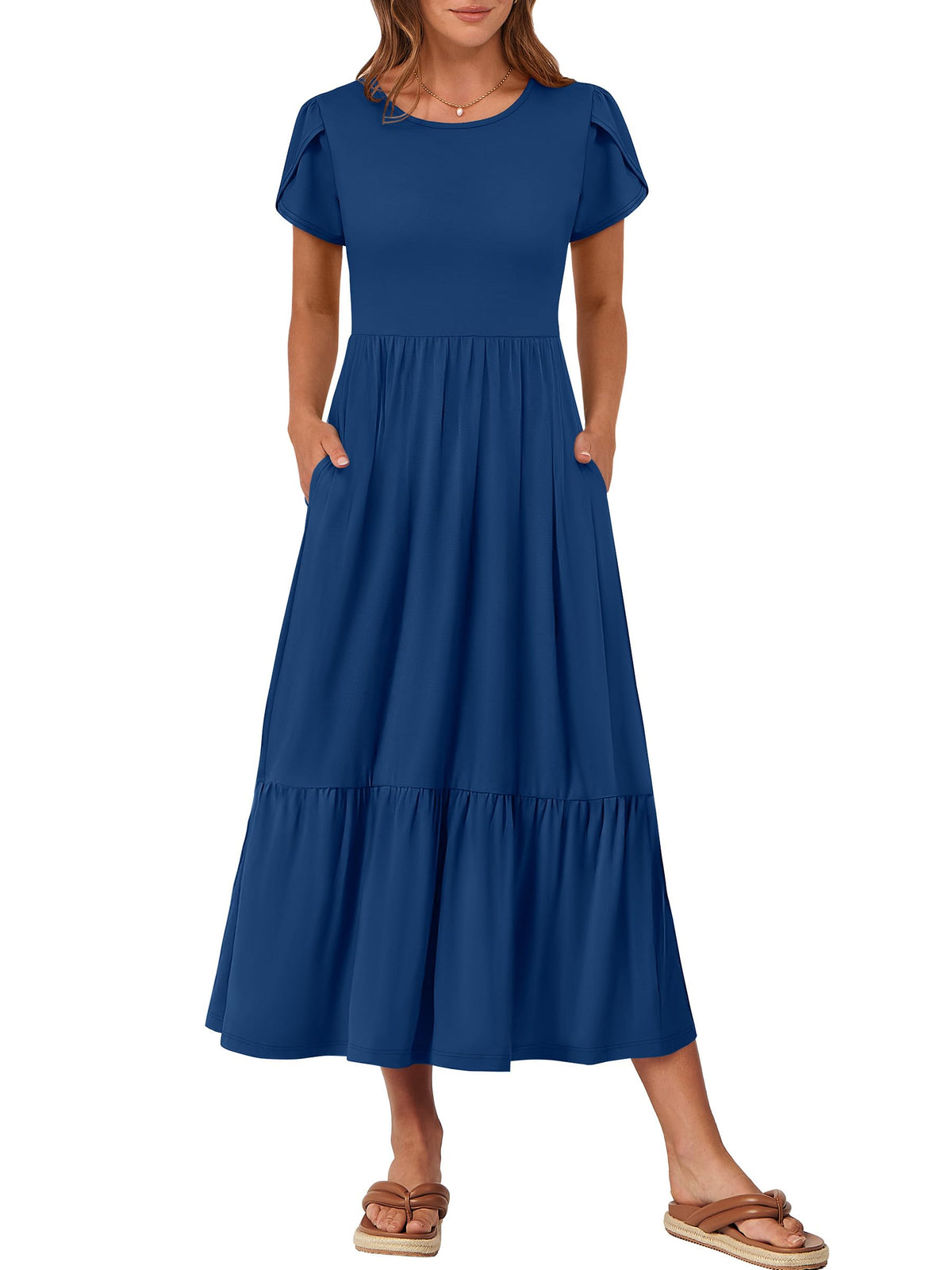 ANRABESS Womens Summer Petal Short Sleeve Maxi Dress with Pockets