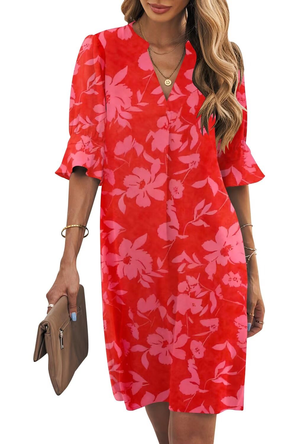 Wkior Womens Summer Ruffle Short Sleeve V Neck Shift Dress