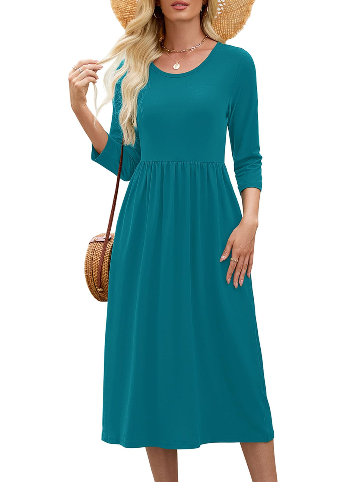 Heymoments Women's Casual 3/4 Sleeve Midi Dress with Pockets