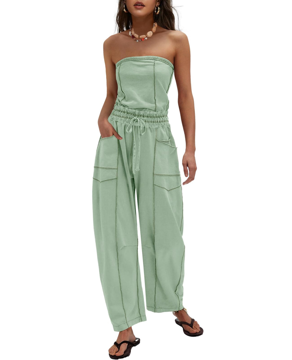 LAMISSCHE Womens Casual Strapless Jumpsuits off the Shoulder Summer Rompers Sleeveless One Piece Outfits with Pockets