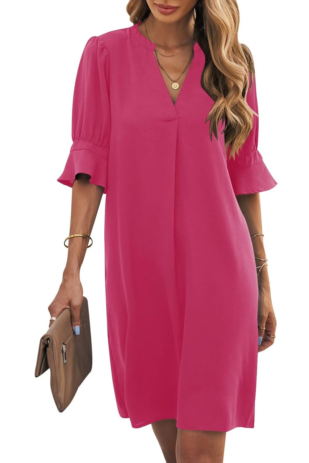 Wkior Womens Summer Ruffle Short Sleeve V Neck Shift Dress