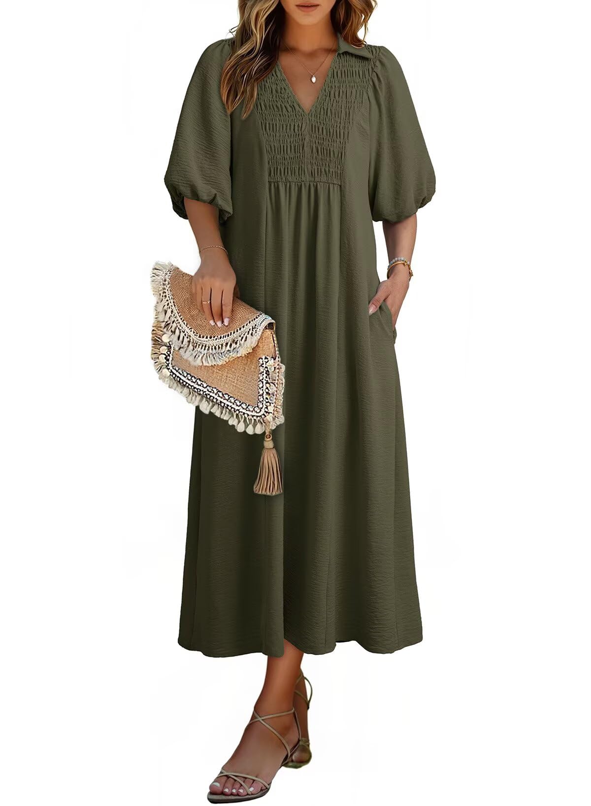 Dokotoo Summer Dresses for Women 2026 Casual Dresses V Neck Puff Sleeve Empire Waist A-Line Maxi Dress