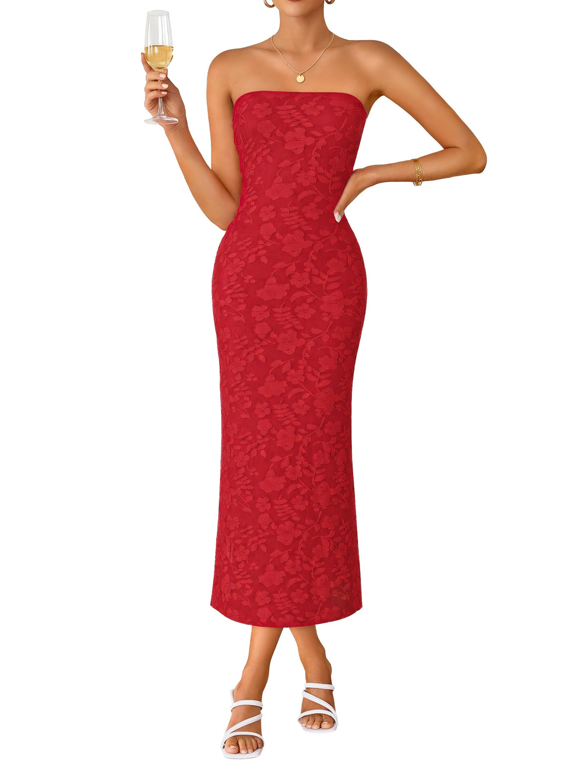 ZESICA Women's Floral Strapless Bodycon Weeding Guest Dress