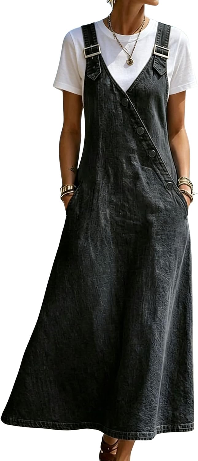chouyatou Women's Adjustable Straps Denim Overall Dress Jean Pinafore Jumper Mid Long Dress With Pockets
