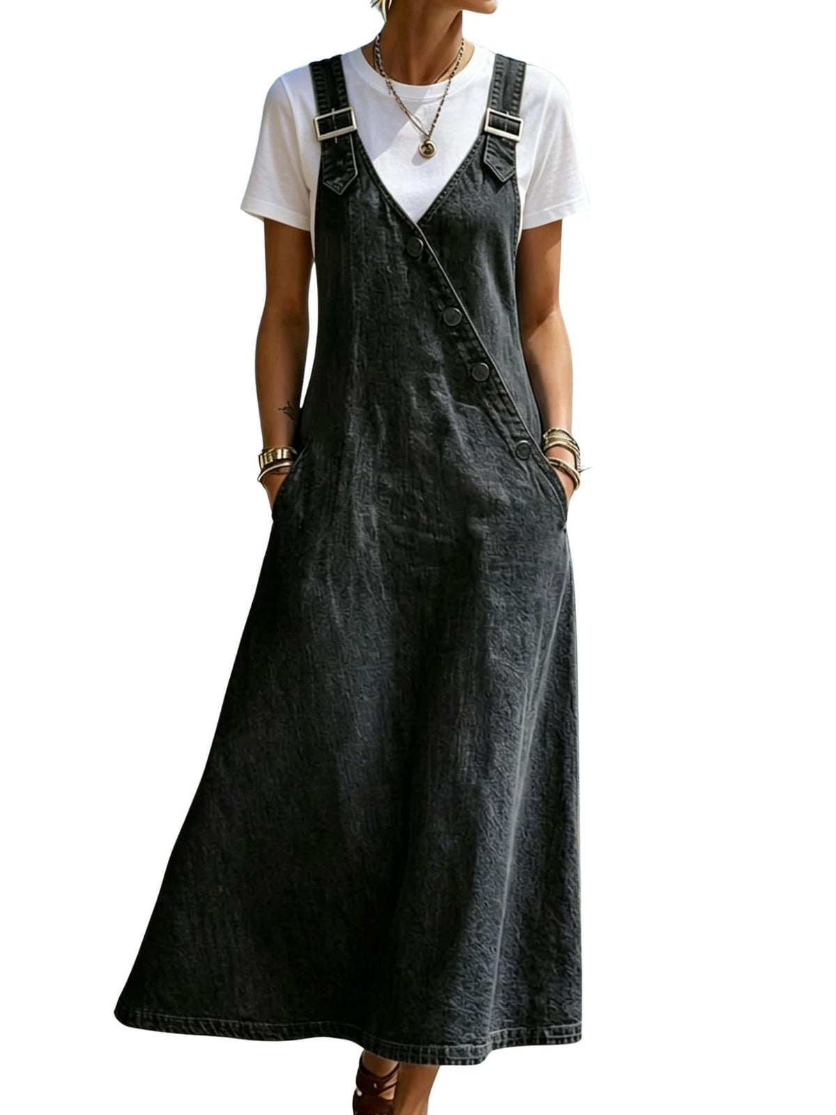 chouyatou Women's Adjustable Straps Denim Overall Dress Jean Pinafore Jumper Mid Long Dress With Pockets
