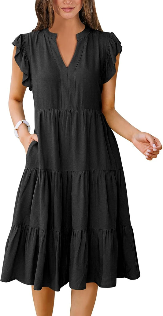 ANRABESS Womens Summer Dress Ruffle Sleeve V Neck Midi Dresses