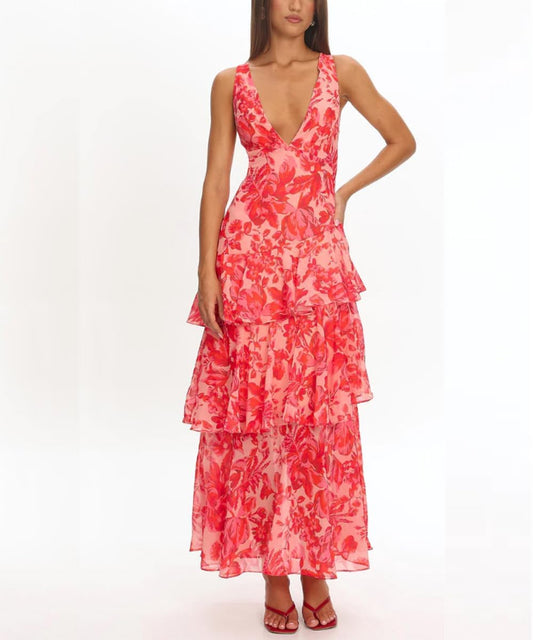 Women's Floral Maxi Dress Sexy Deep V Neck Backless Ruffles Dresses Beach Party Wedding Guest Dress