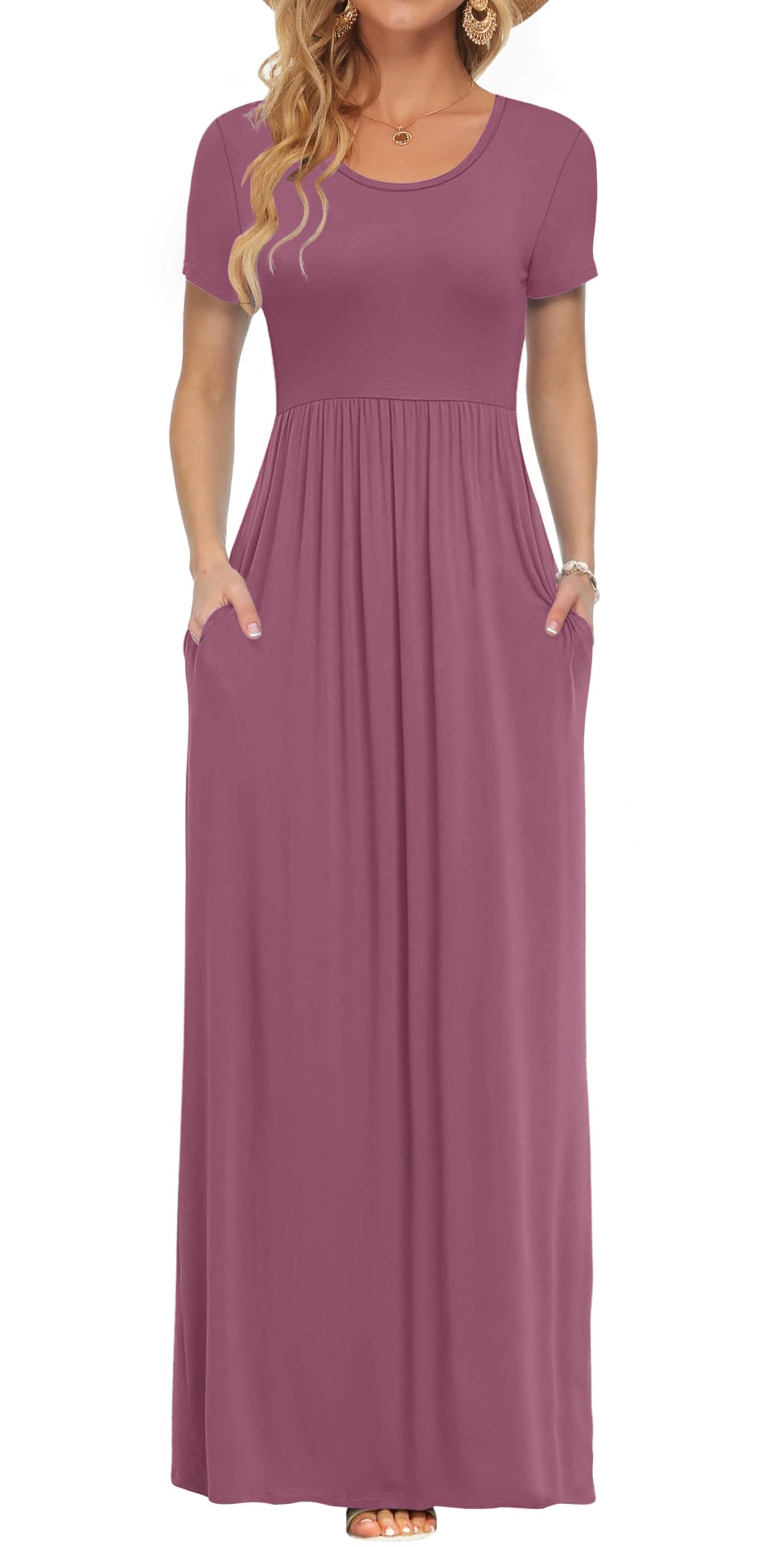 AUSELILY Women's Summer Short Sleeve Loose Plain Casual Long Maxi Dresses