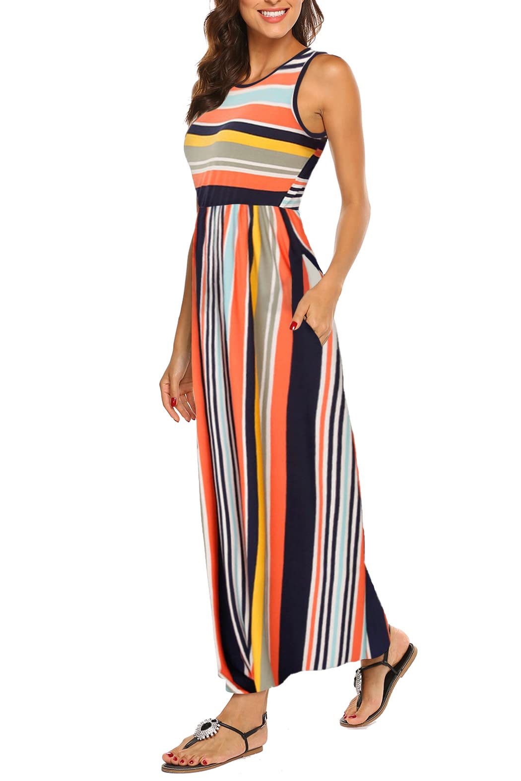 Hount Women's Summer Sleeveless Striped Flowy Casual Long Maxi Dress with Pockets