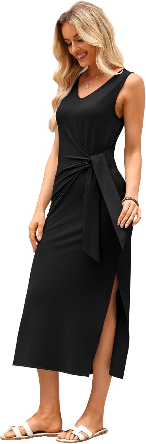 OFEEFAN Summer Dresses for Women 2026 V Neck Sleeveless Casual Dress Elegant Work Long Midi Dresses for Women Tie Waist