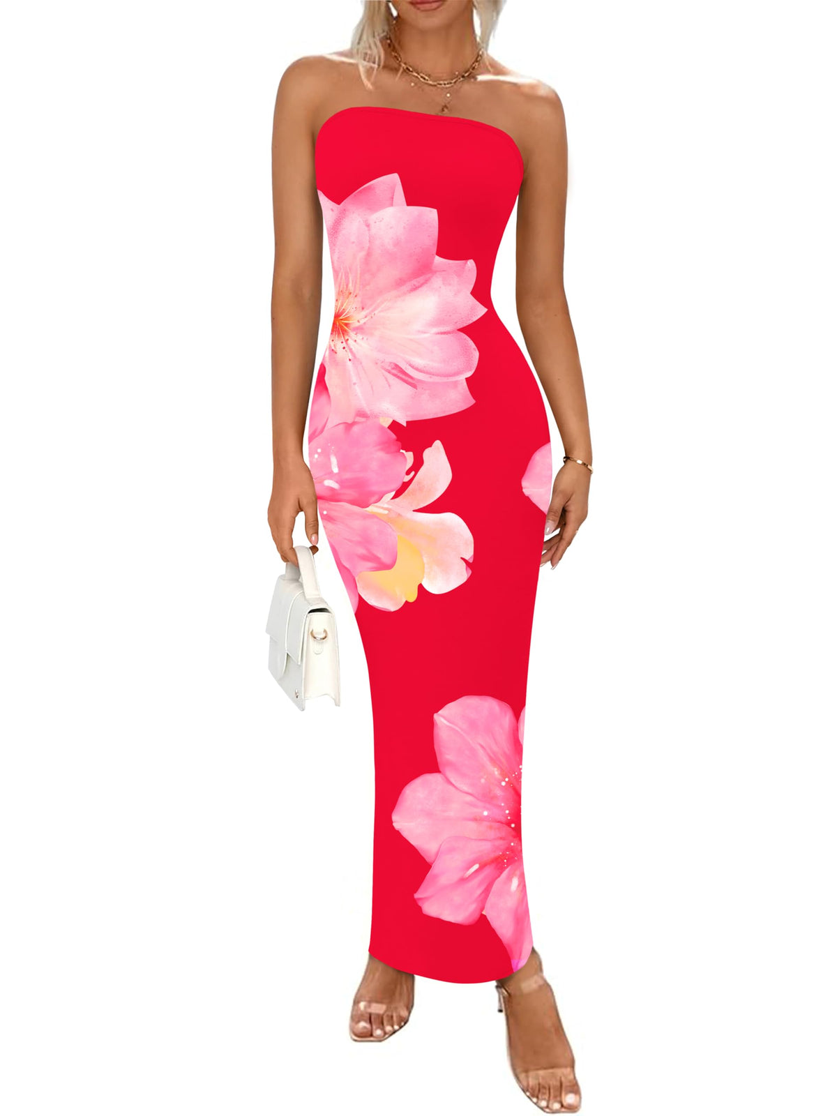 PRETTYGARDEN Women Summer Strapless Maxi Dress Tube Floral Bodycon Dresses