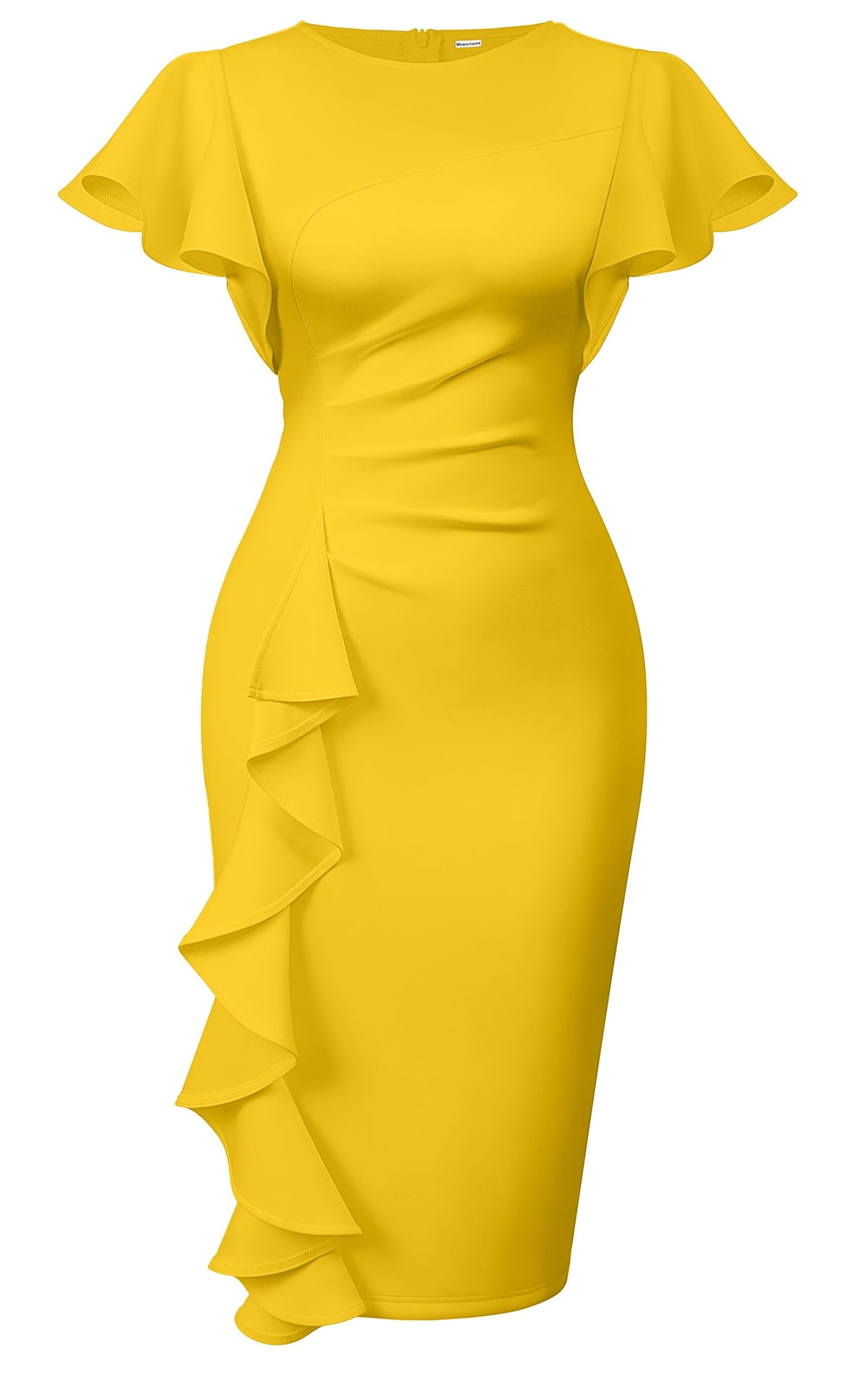 Memoriesea Women's Church Ruffle Sleeve Ruched Work Midi Dress