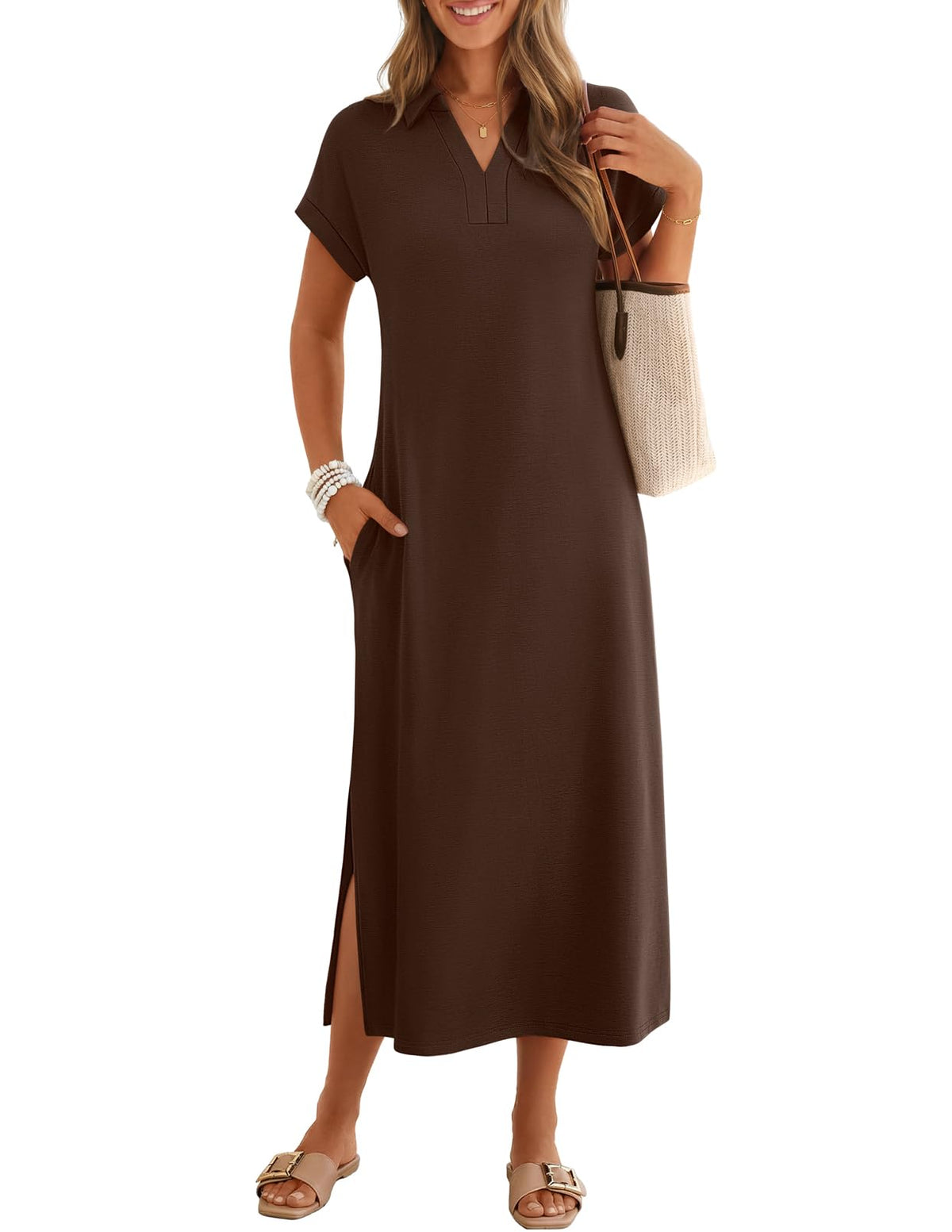 MEROKEETY Women's Summer Casual V Neck Collared T Shirt Long Maxi Dress