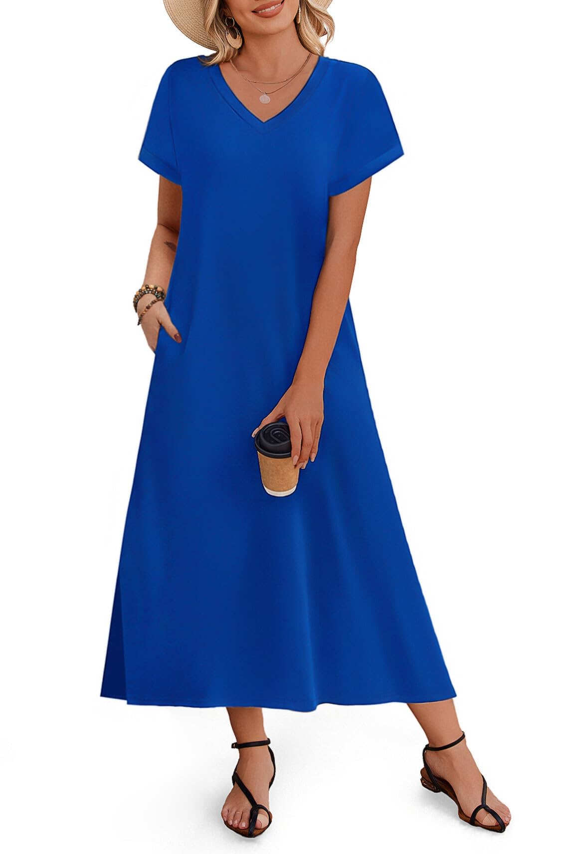 Zeagoo Women Summer Floral Dress Short Sleeve Beach Dress with Pockets Casual V-Neck Split Long T-Shirt Dress Travel Vacation