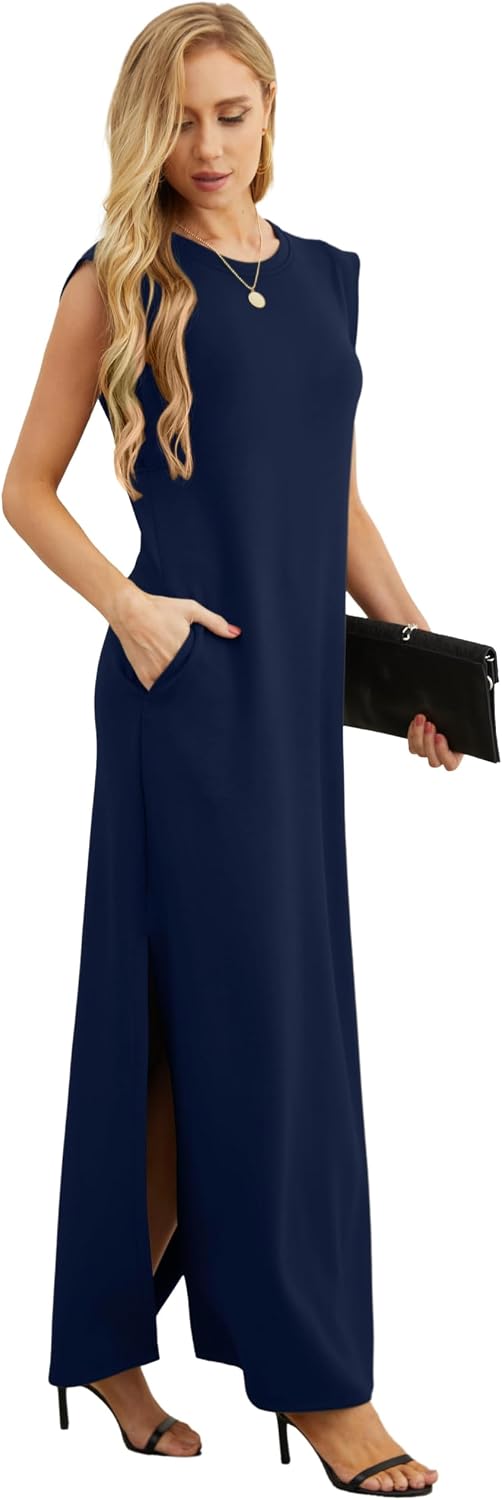 GRECERELLE 2026 Women Year-Round Casual Round Neck Loose Split Wrinkle-Free Long Maxi Vacation Dress with Pockets (XXS-4XL)