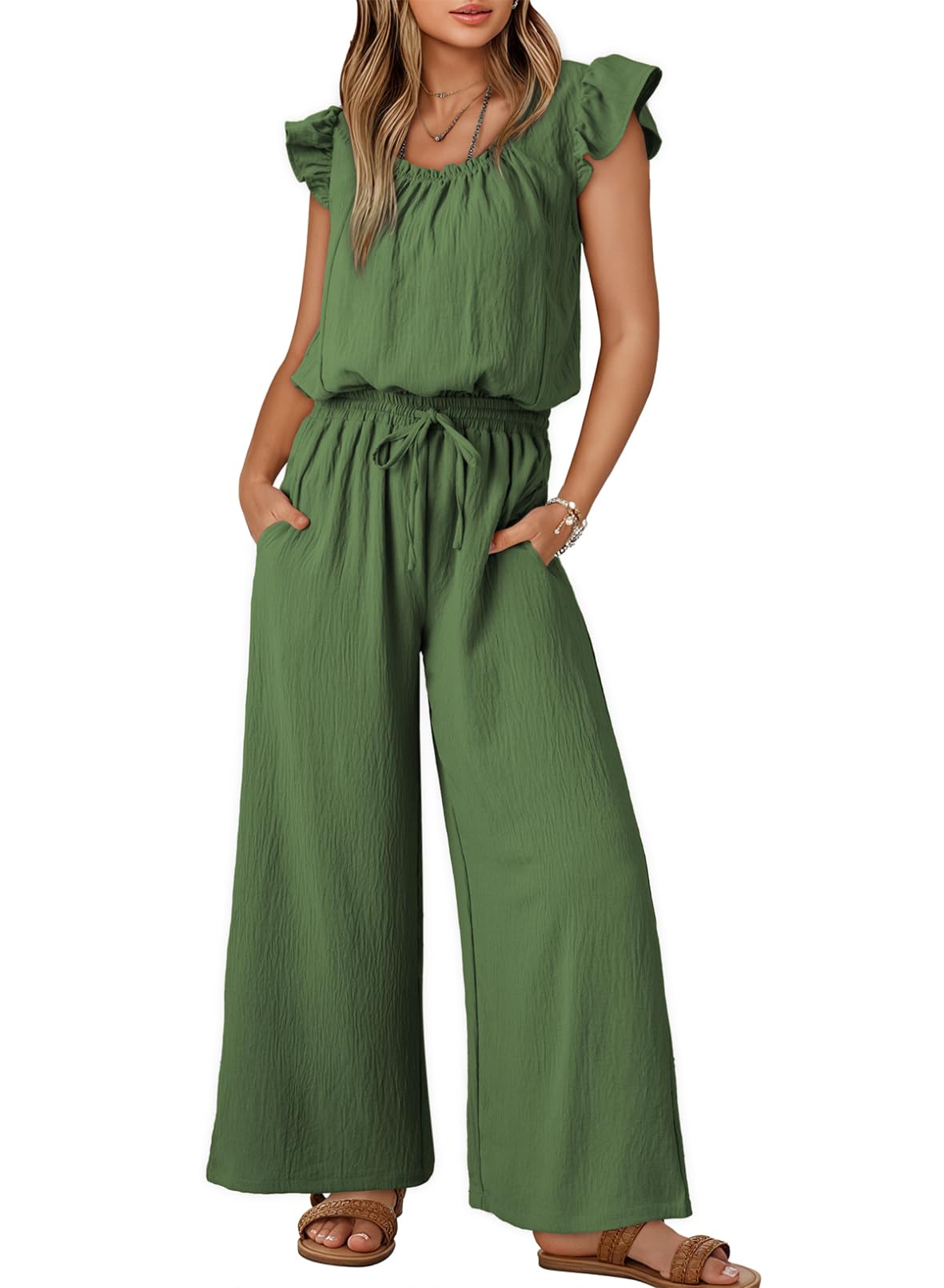 Dokotoo Jumpsuits for Women 2026 Summer Ruffle Sleeves Square Neck Rompers Drawstring Overalls with Pockets