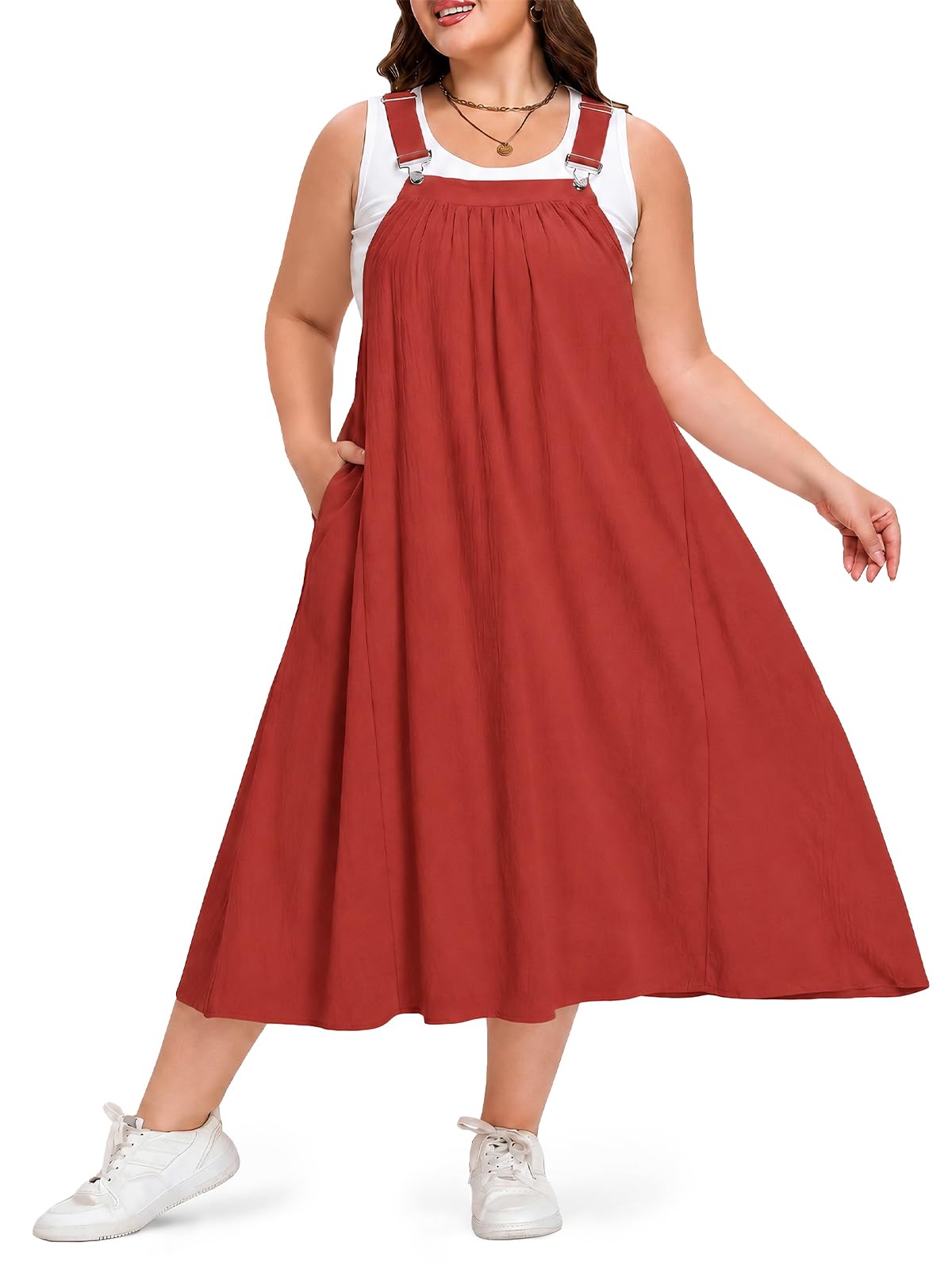 Moon Wood Plus Size Cotton Overall Dress for Women Casual Maxi Dress Adjustable Strap Jumper Dress with Pockets